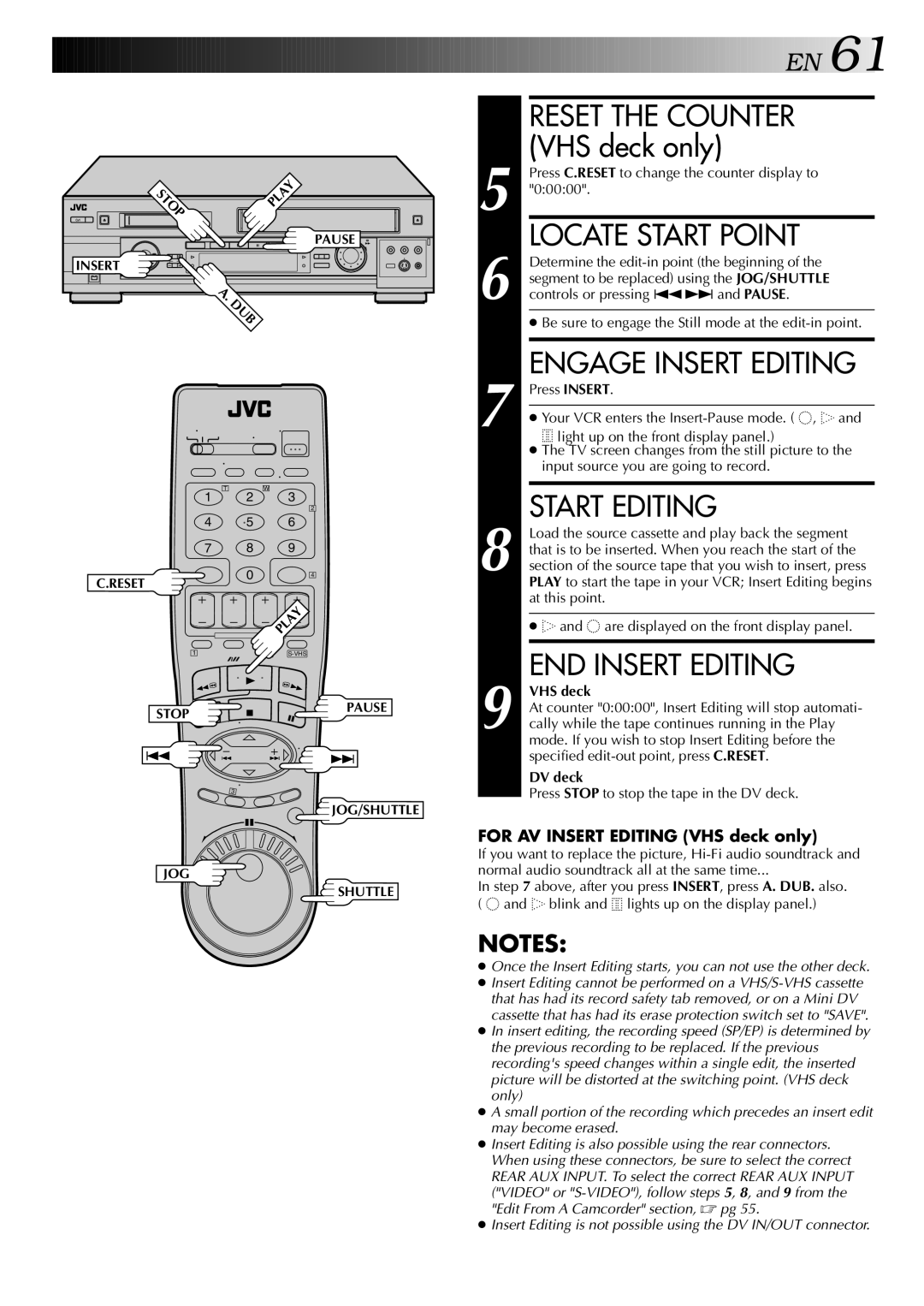 JVC HR-DVS2U manual Reset the Counter, Engage Insert Editing, Start Editing, END Insert Editing 