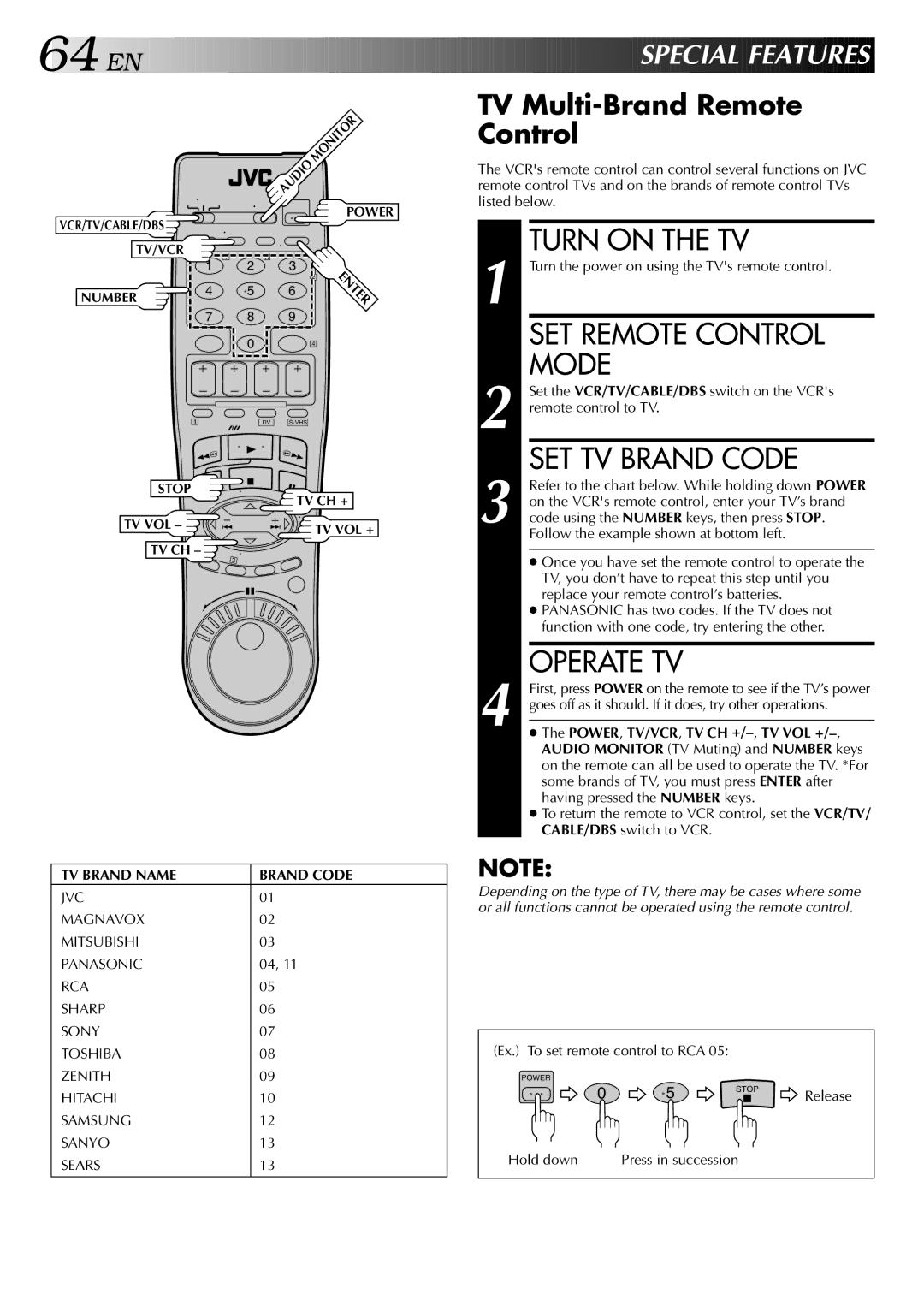 JVC HR-DVS2U manual 64 EN, Turn on the TV, SET Remote Control Mode, SET TV Brand Code, Operate TV 