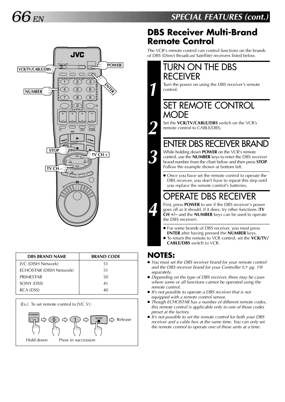 JVC HR-DVS2U manual 66 EN, Turn on the DBS, SET Remote Control, DBS Receiver Multi-Brand Remote Control 