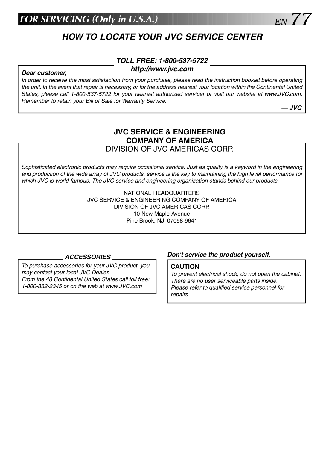 JVC HR-DVS2U manual For Servicing Only in U.S.A, HOW to Locate Your JVC Service Center 