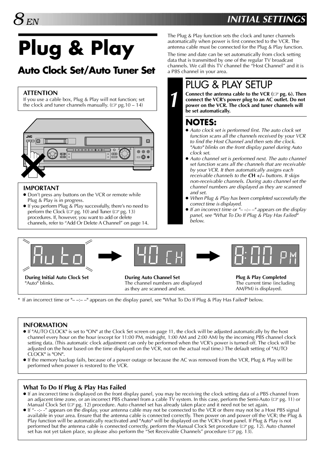 JVC HR-DVS2U manual Plug & Play Setup, EN Initial Sett Ings, Auto Clock Set/Auto Tuner Set 