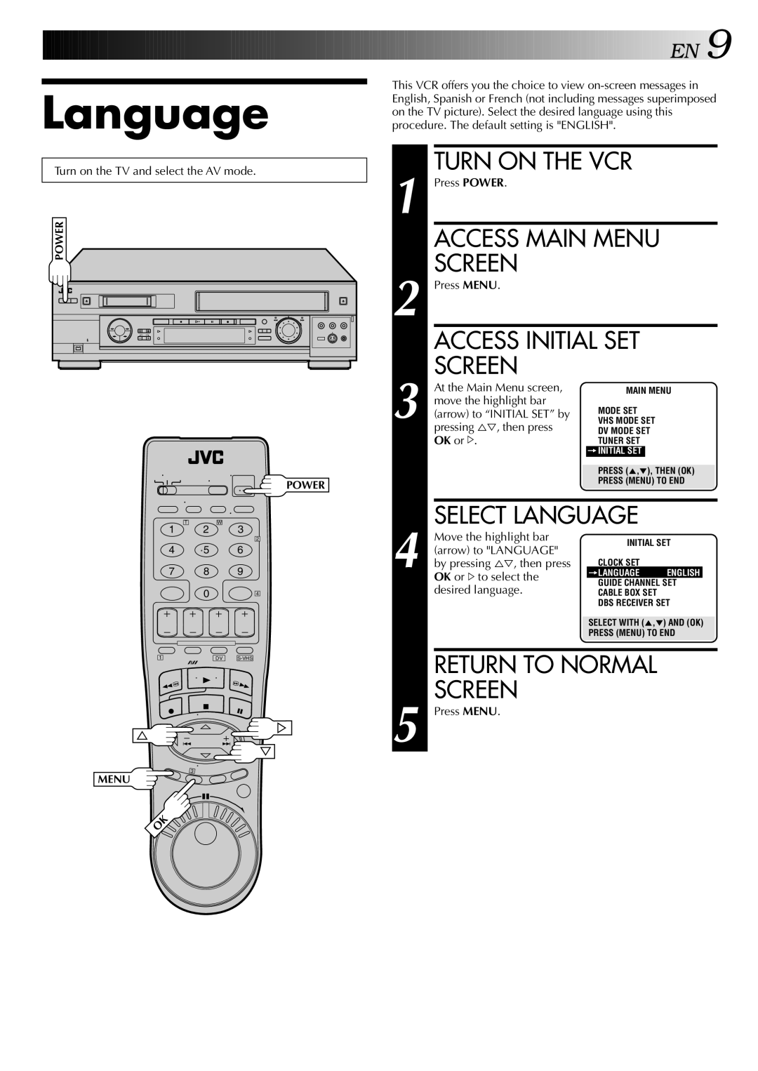 JVC HR-DVS2U manual Language 