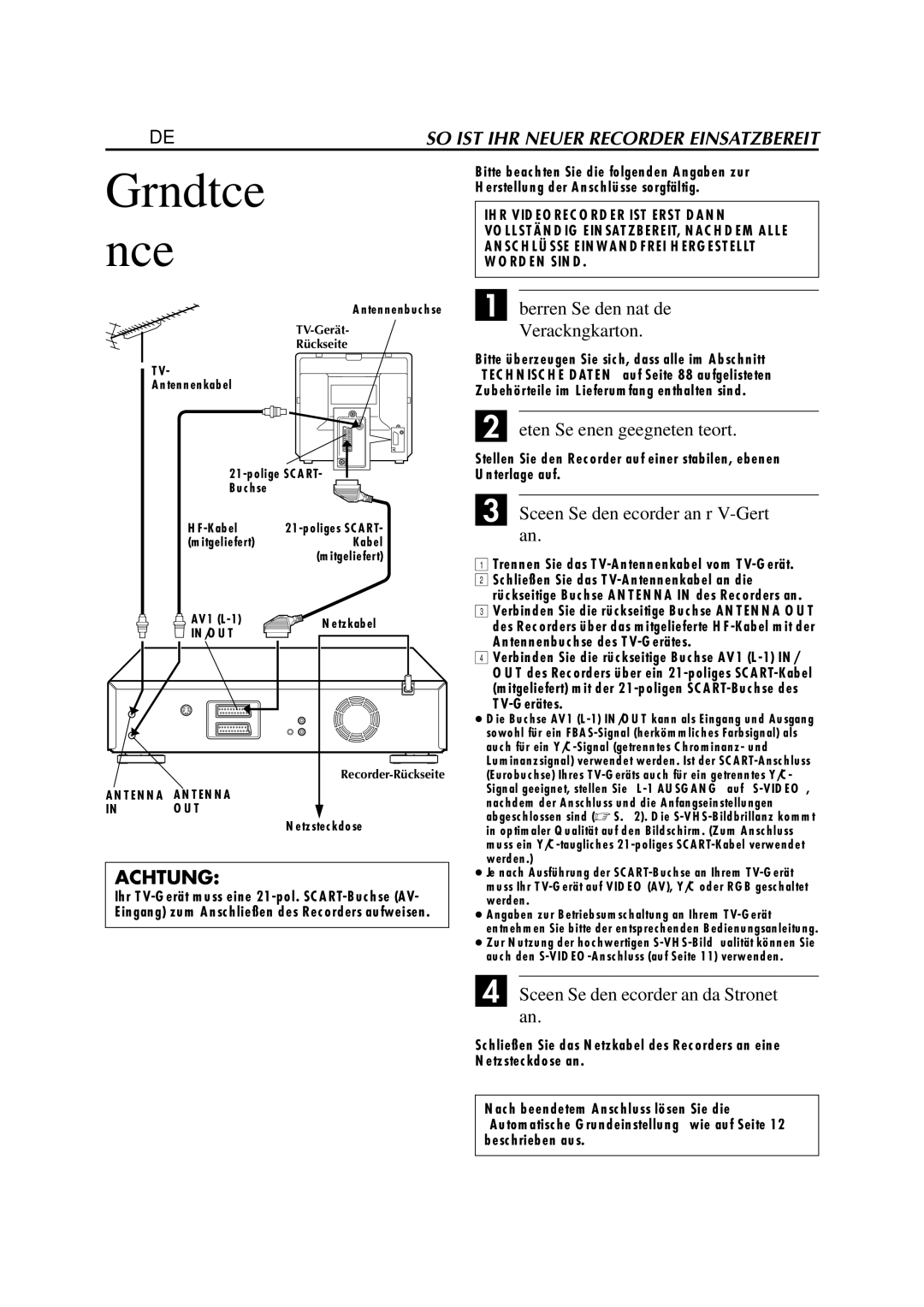 JVC HR-DVS3EU manual Grundsätzliche Anschlüsse, 10 DE, Überprüfen Sie den Inhalt des Verpackungskartons 