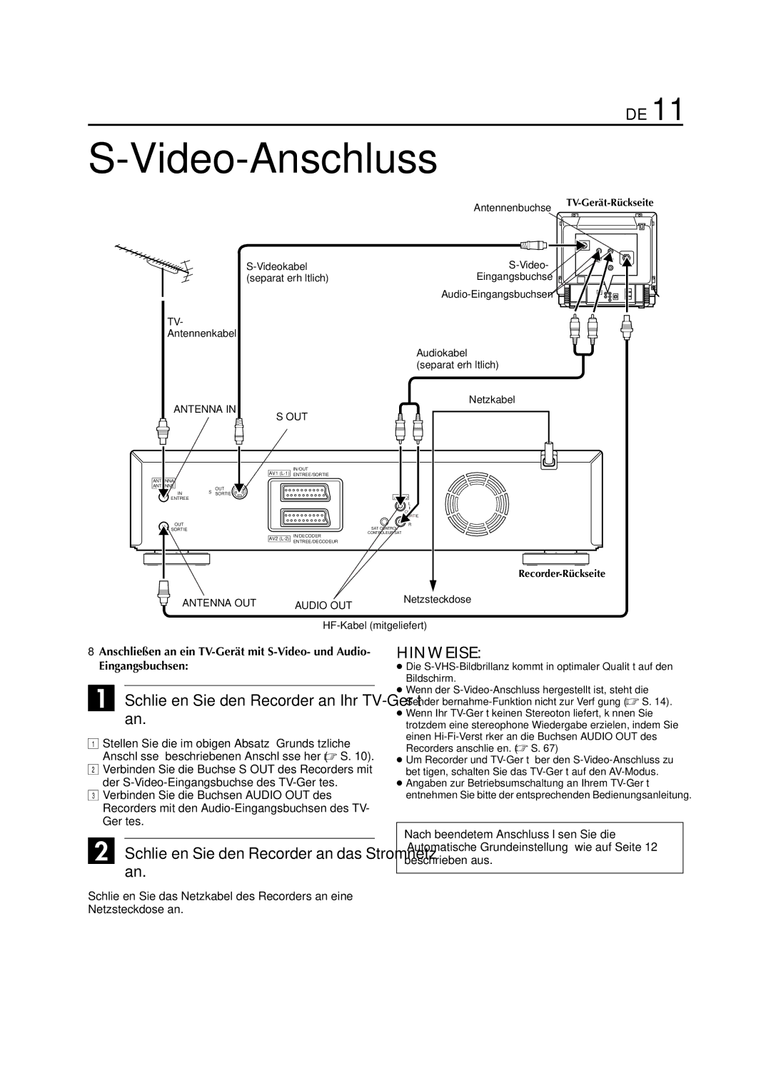 JVC HR-DVS3EU manual Video-Anschluss, Videokabel Separat erhältlich Eingangsbuchse, HF-Kabel mitgeliefert 