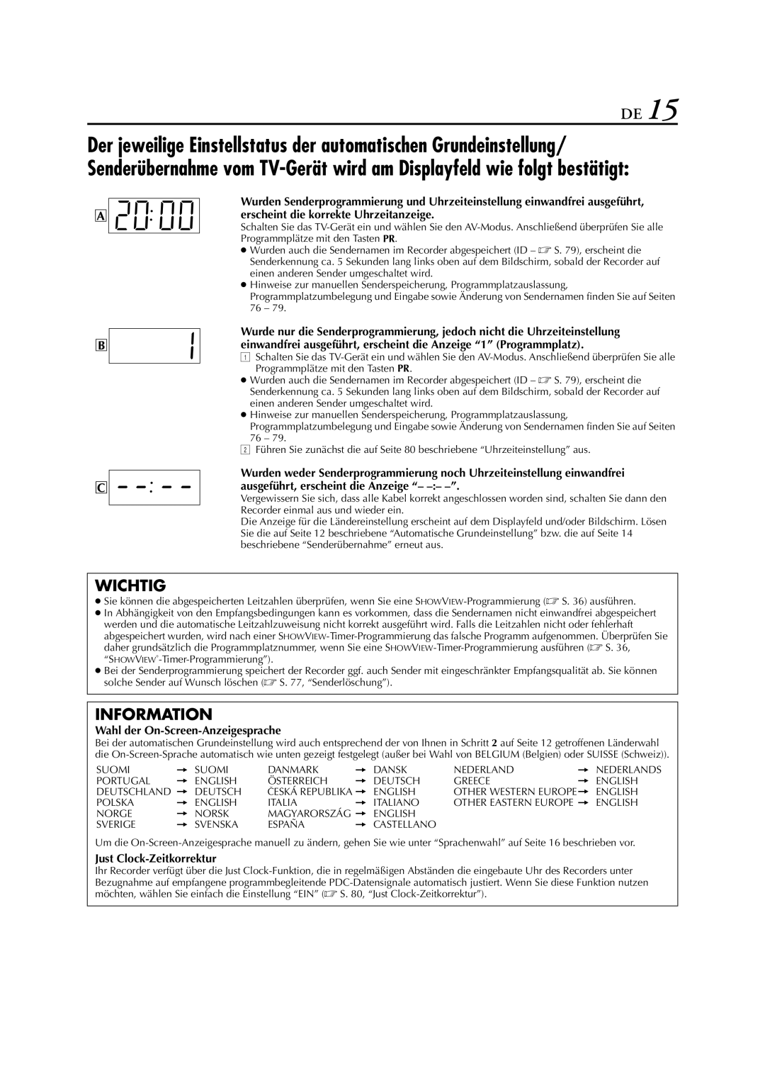 JVC HR-DVS3EU manual Wahl der On-Screen-Anzeigesprache, Just Clock-Zeitkorrektur 