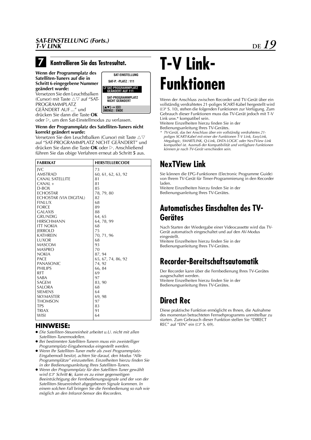 JVC HR-DVS3EU manual Funktionen, NexTView Link, Gerätes, Direct Rec 