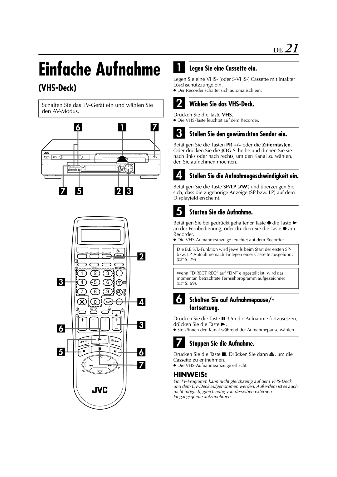 JVC HR-DVS3EU manual Starten Sie die Aufnahme, Stoppen Sie die Aufnahme, Stellen Sie die Aufnahmegeschwindigkeit ein 