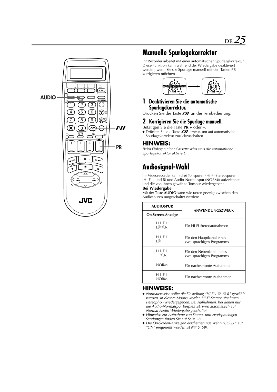 JVC HR-DVS3EU manual Manuelle Spurlagekorrektur, Audiosignal-Wahl, Deaktivieren Sie die automatische Spurlagekorrektur 