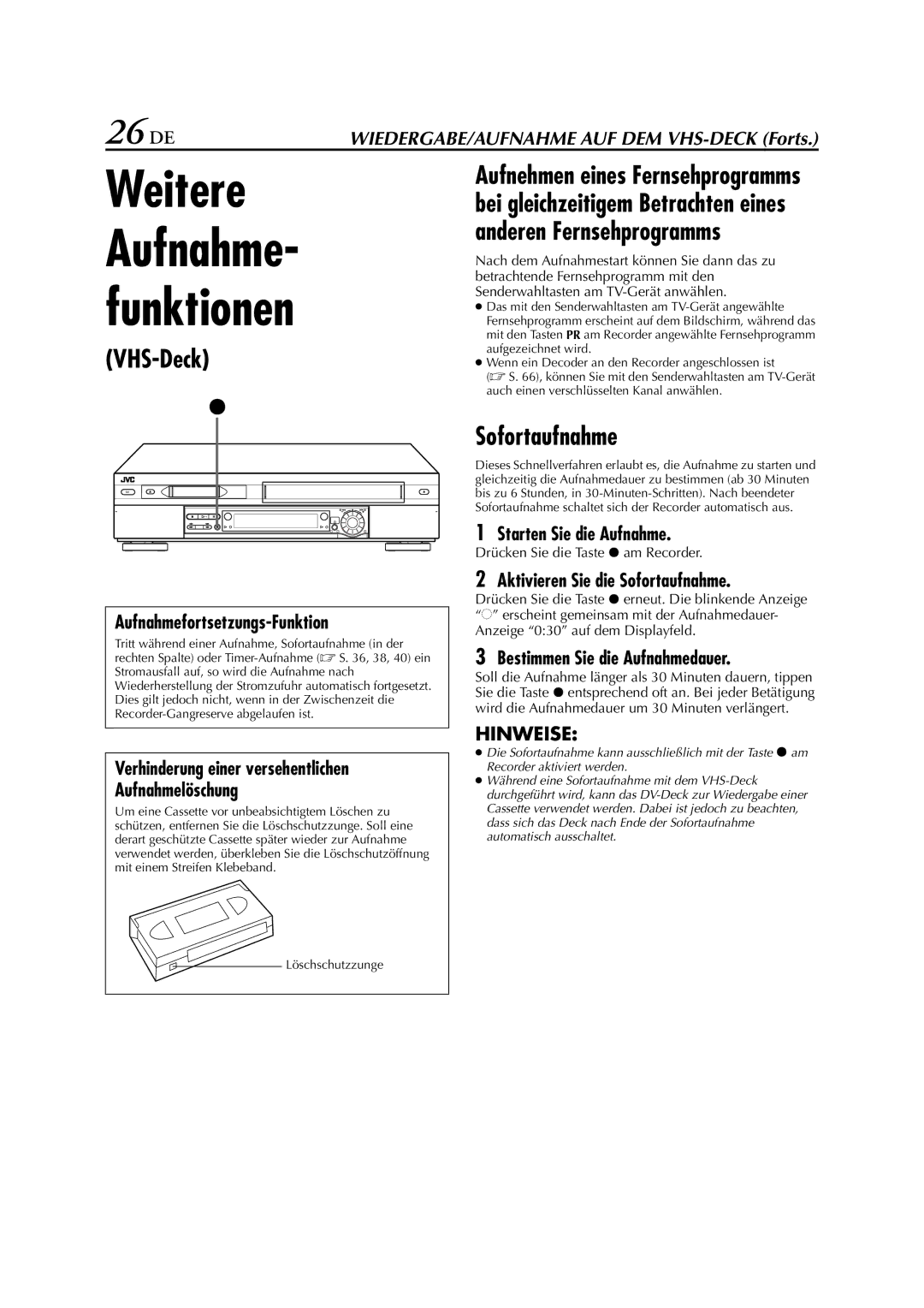 JVC HR-DVS3EU manual 26 DE, Sofortaufnahme 