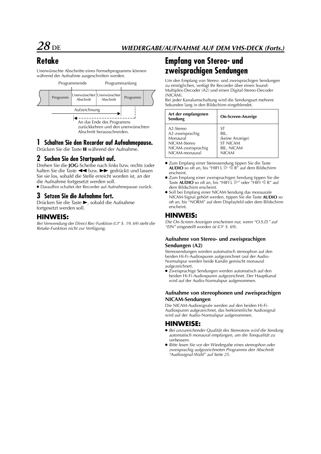 JVC HR-DVS3EU manual 28 DE, Retake, Suchen Sie den Startpunkt auf, Setzen Sie die Aufnahme fort 