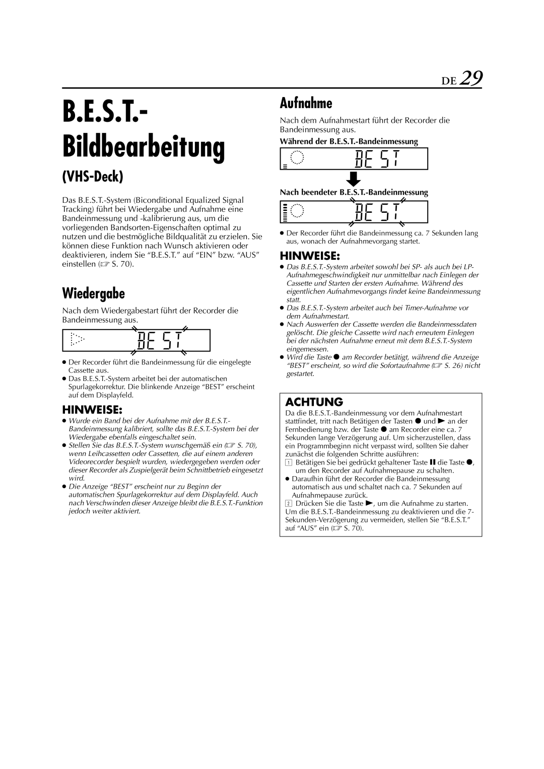 JVC HR-DVS3EU manual Wiedergabe, Aufnahme 