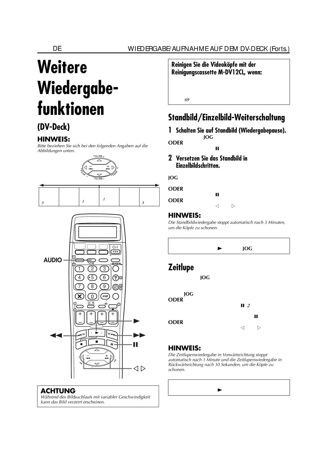 JVC HR-DVS3EU manual 32 DE, Schalten Sie auf Standbild Wiedergabepause 