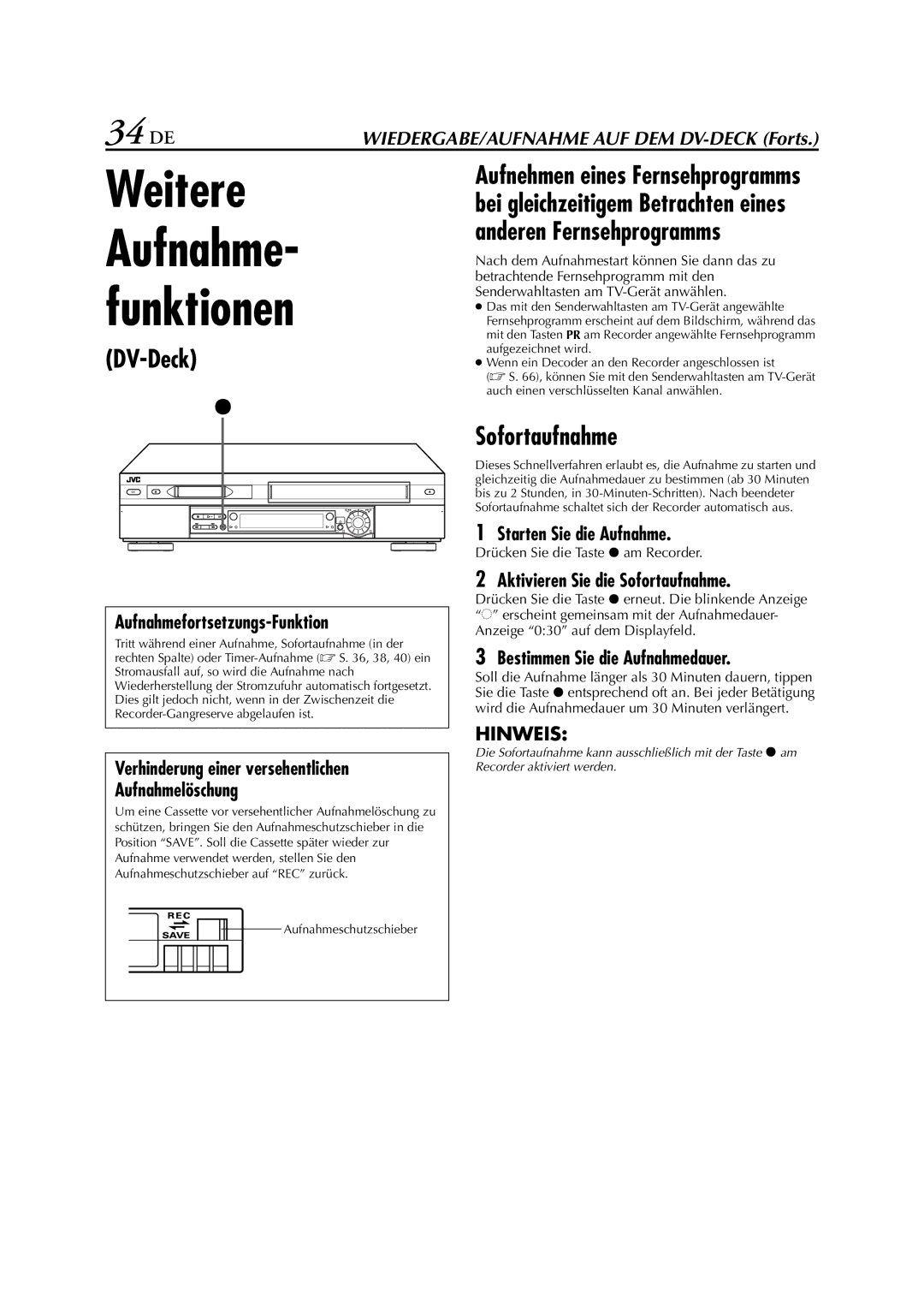 JVC HR-DVS3EU manual 34 DE, Aufnahmefortsetzungs-Funktion 