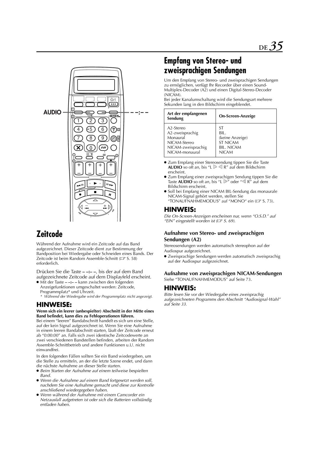 JVC HR-DVS3EU manual Zeitcode, Aufnahme von zweisprachigen NICAM-Sendungen, Siehe Tonaufnahmemodus auf Seite 