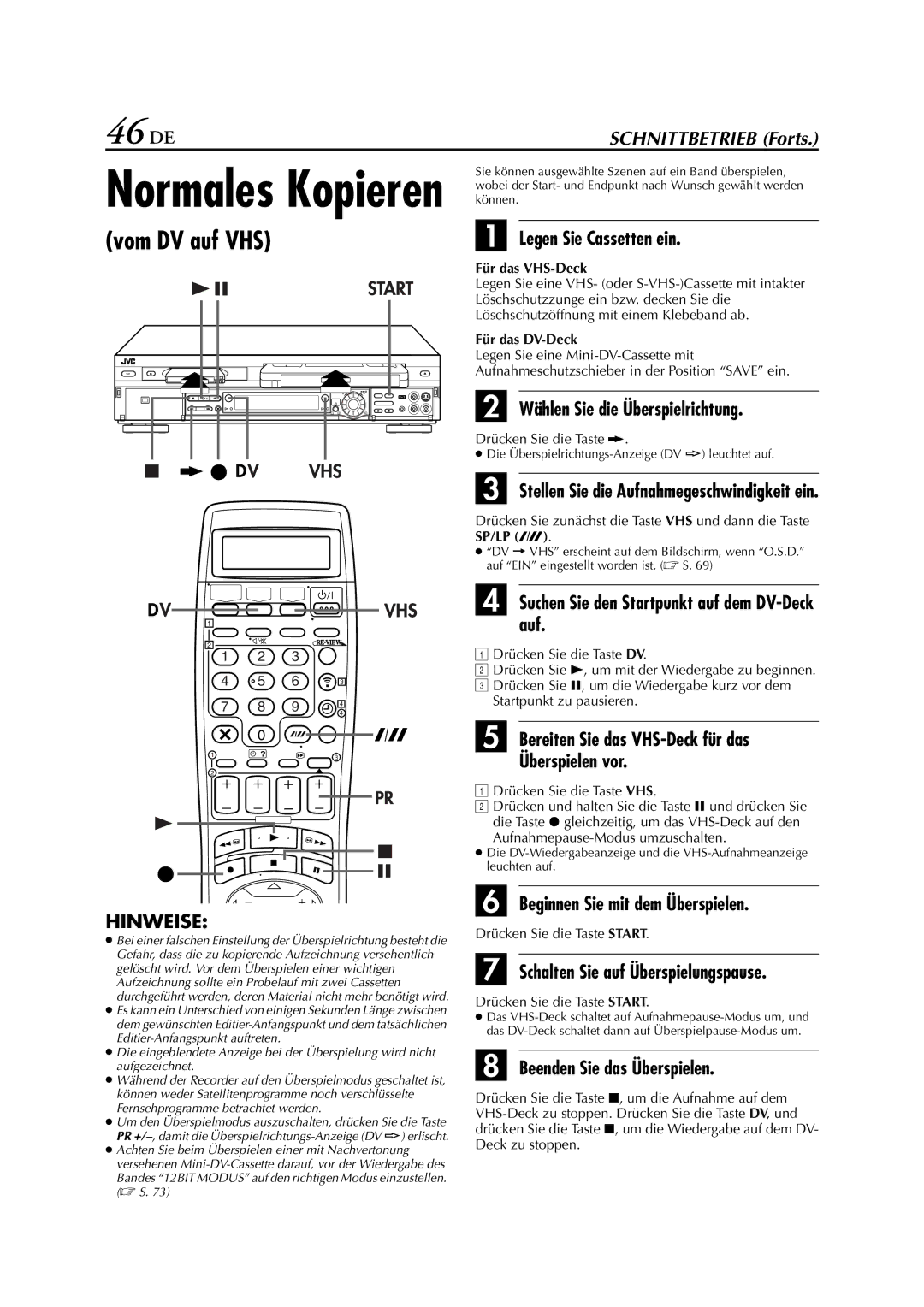 JVC HR-DVS3EU manual 46 DE, Vom DV auf VHS 