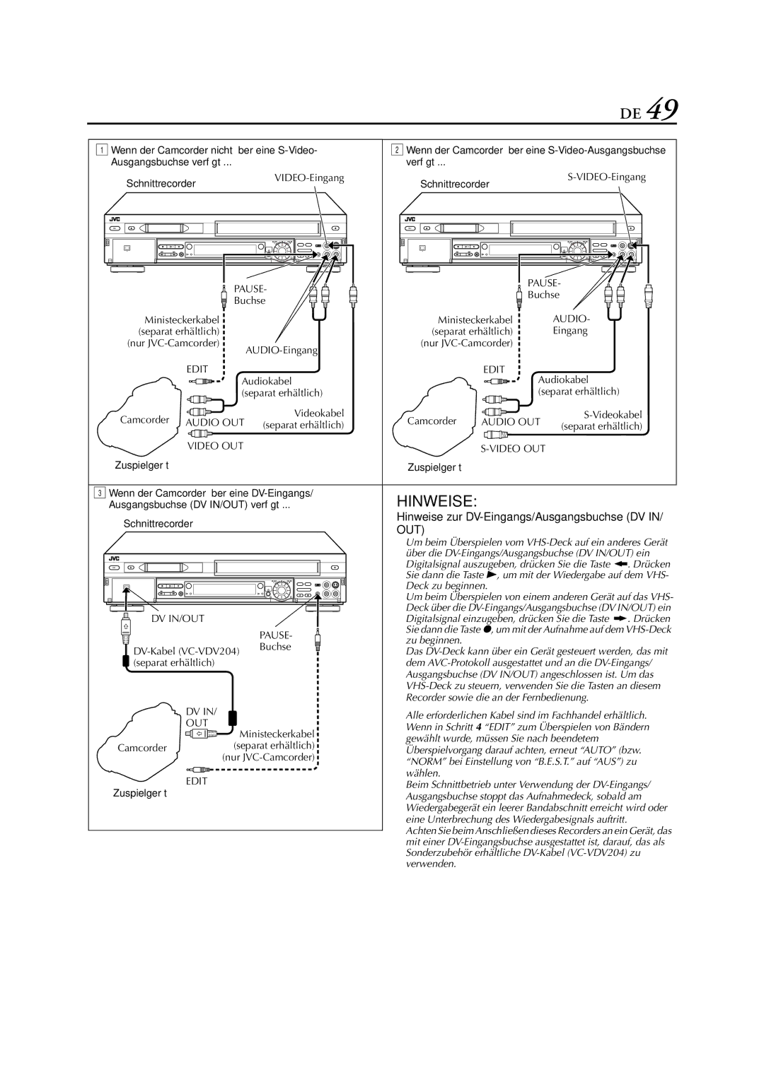 JVC HR-DVS3EU manual Buchse Ministeckerkabel, Separat erhältlich Eingang Nur JVC-Camcorder AUDIO-Eingang 