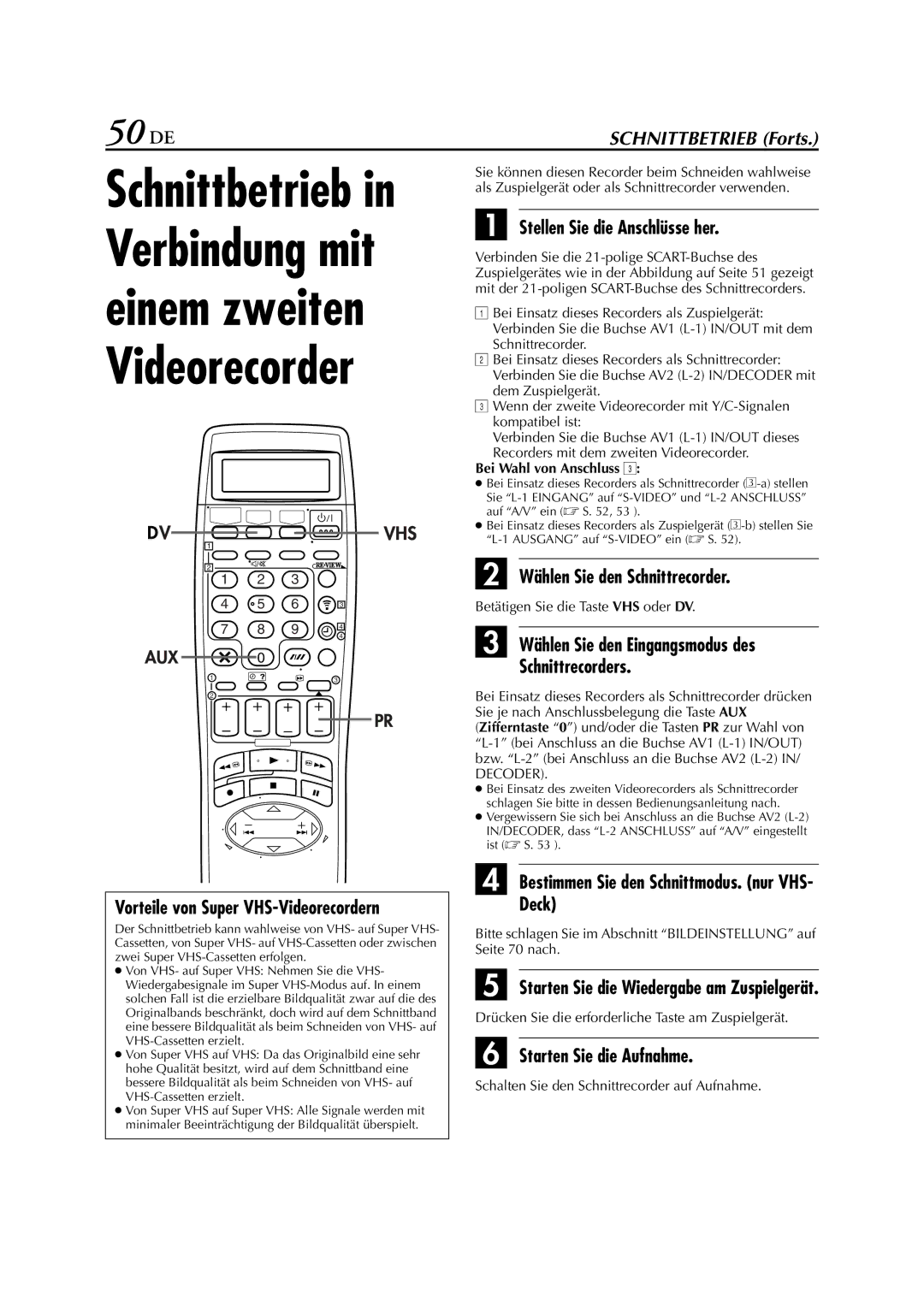 JVC HR-DVS3EU manual 50 DE, Vorteile von Super VHS-Videorecordern, Wählen Sie den Schnittrecorder 