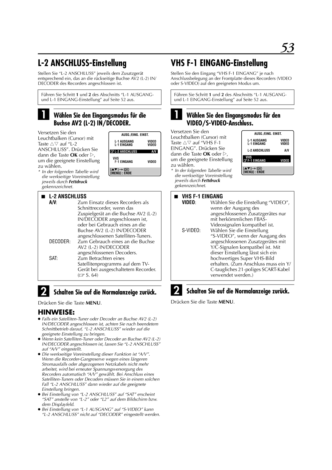 JVC HR-DVS3EU manual ANSCHLUSS-Einstellung, VHS F-1 EINGANG-Einstellung, Buchse AV2 L-2 IN/DECODER, VIDEO/S-VIDEO-Anschluss 