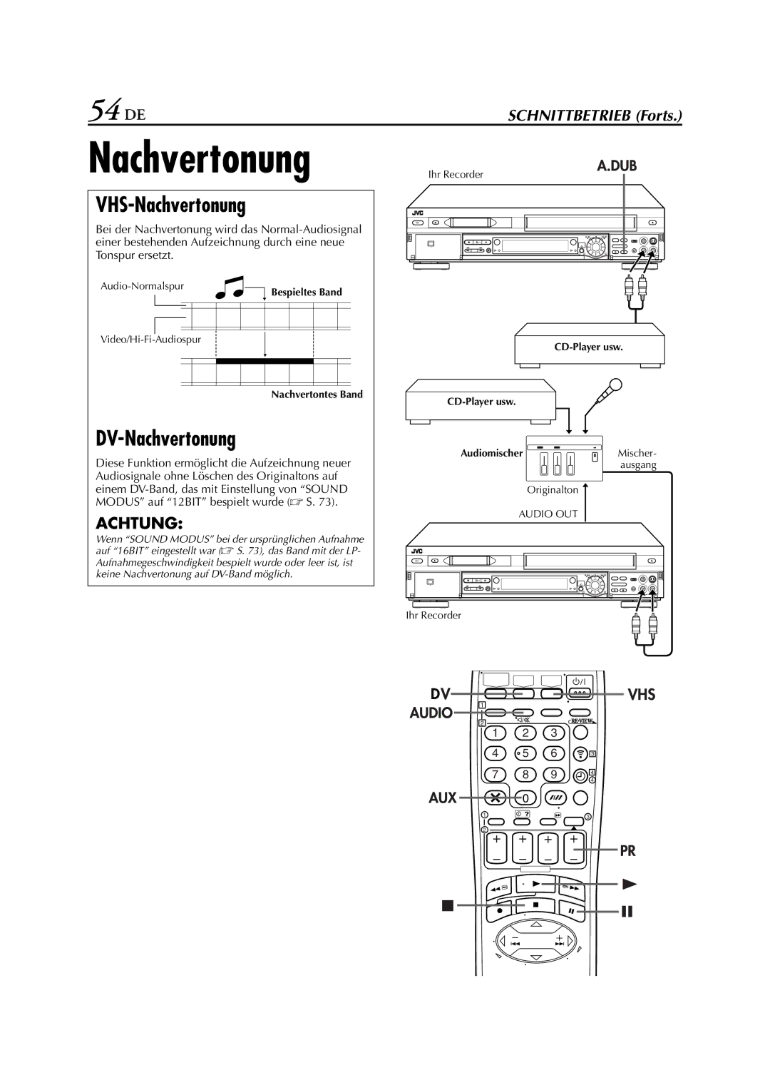 JVC HR-DVS3EU manual 54 DE, VHS-Nachvertonung, DV-Nachvertonung 