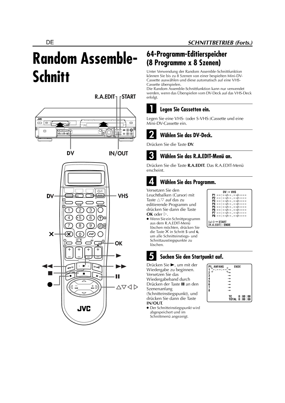 JVC HR-DVS3EU manual 58 DE, Programm-Editierspeicher 8 Programme x 8 Szenen, Wählen Sie das R.A.EDIT-Menü an 