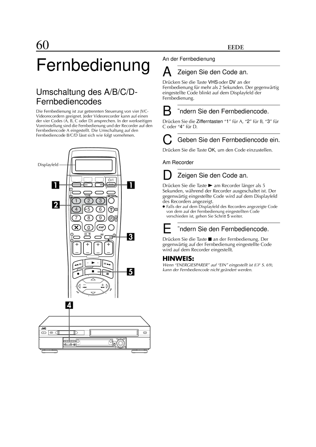 JVC HR-DVS3EU manual Fernbedienung, 60 DE, Umschaltung des A/B/C/D Fernbediencodes 