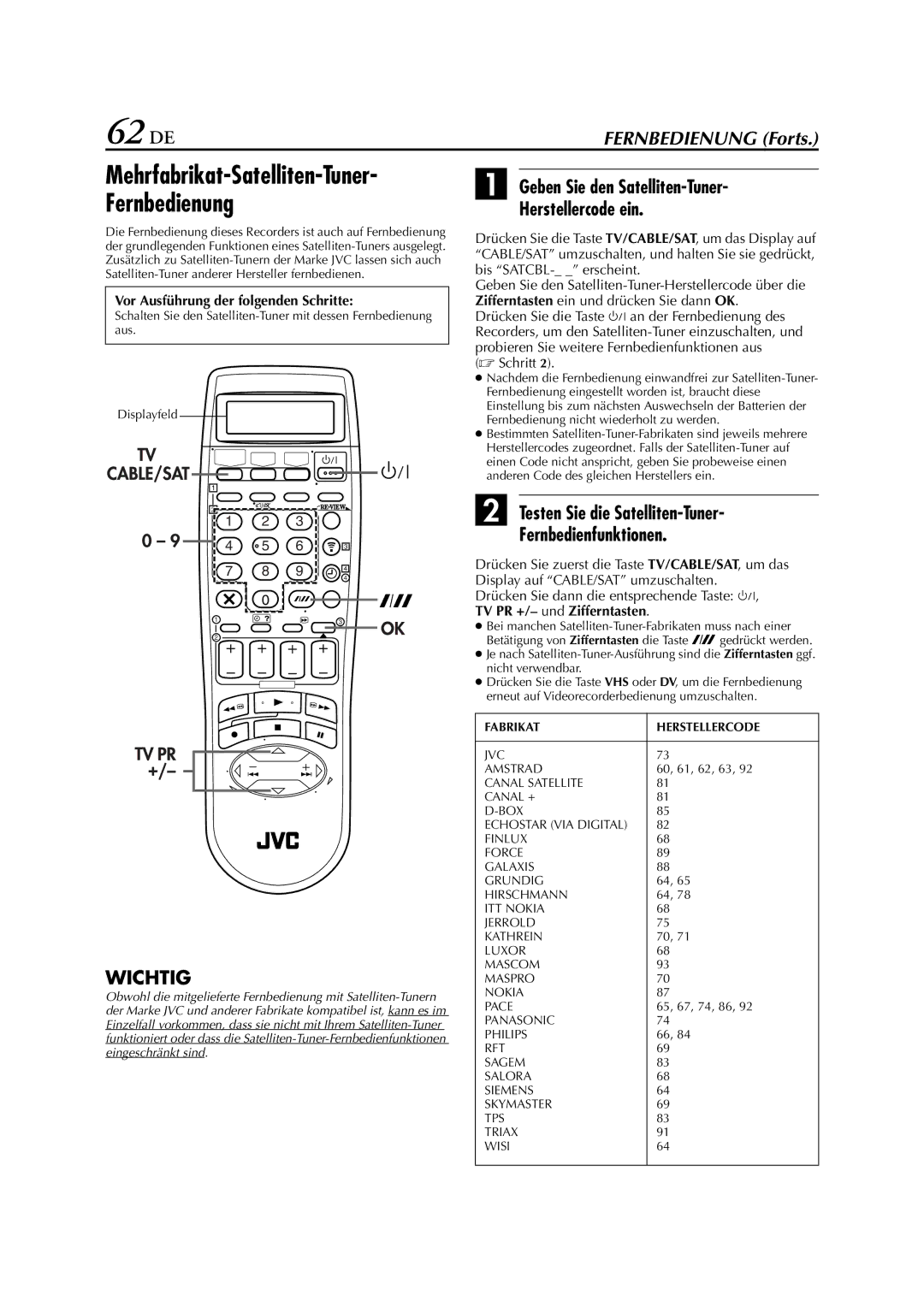 JVC HR-DVS3EU manual 62 DE, Geben Sie den Satelliten-Tuner Herstellercode ein,  Schritt 