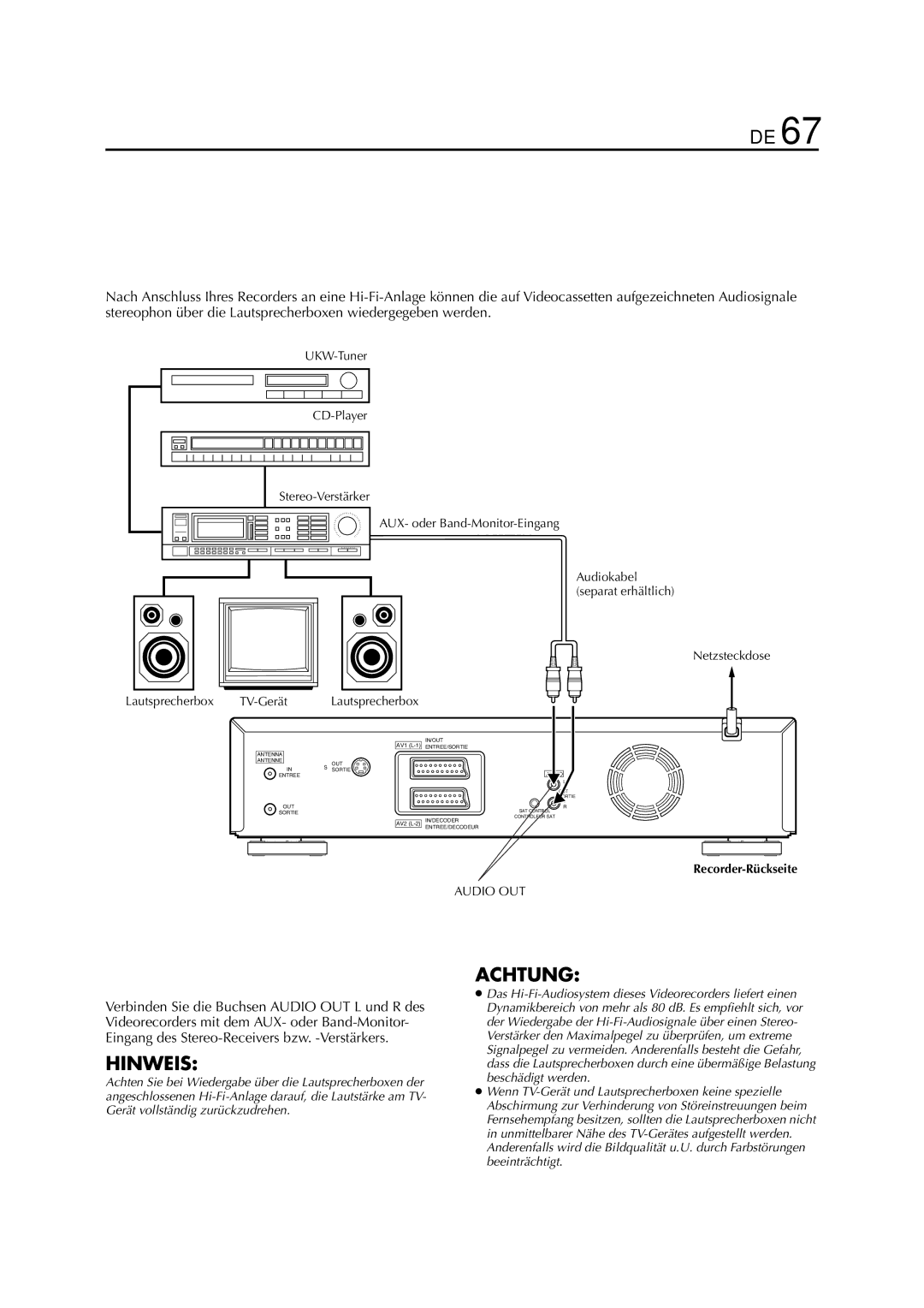 JVC HR-DVS3EU manual Anschluss und Gebrauch einer Hi-Fi- Anlage, Stellen Sie die Anschlüsse her, Lautsprecherbox TV-Gerät 