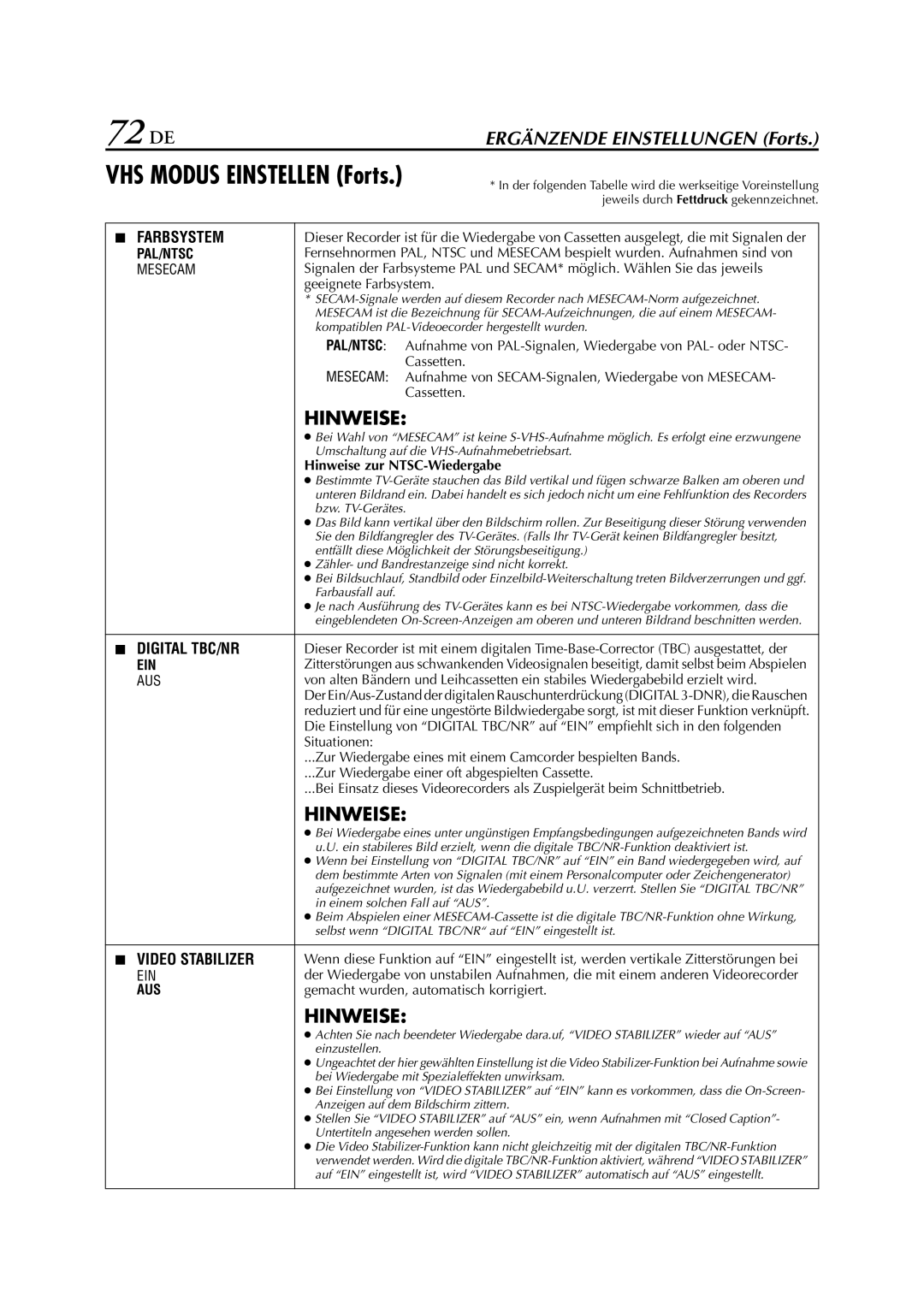 JVC HR-DVS3EU manual 72 DE, Geeignete Farbsystem, Cassetten, Aufnahme von SECAM-Signalen, Wiedergabe von Mesecam 