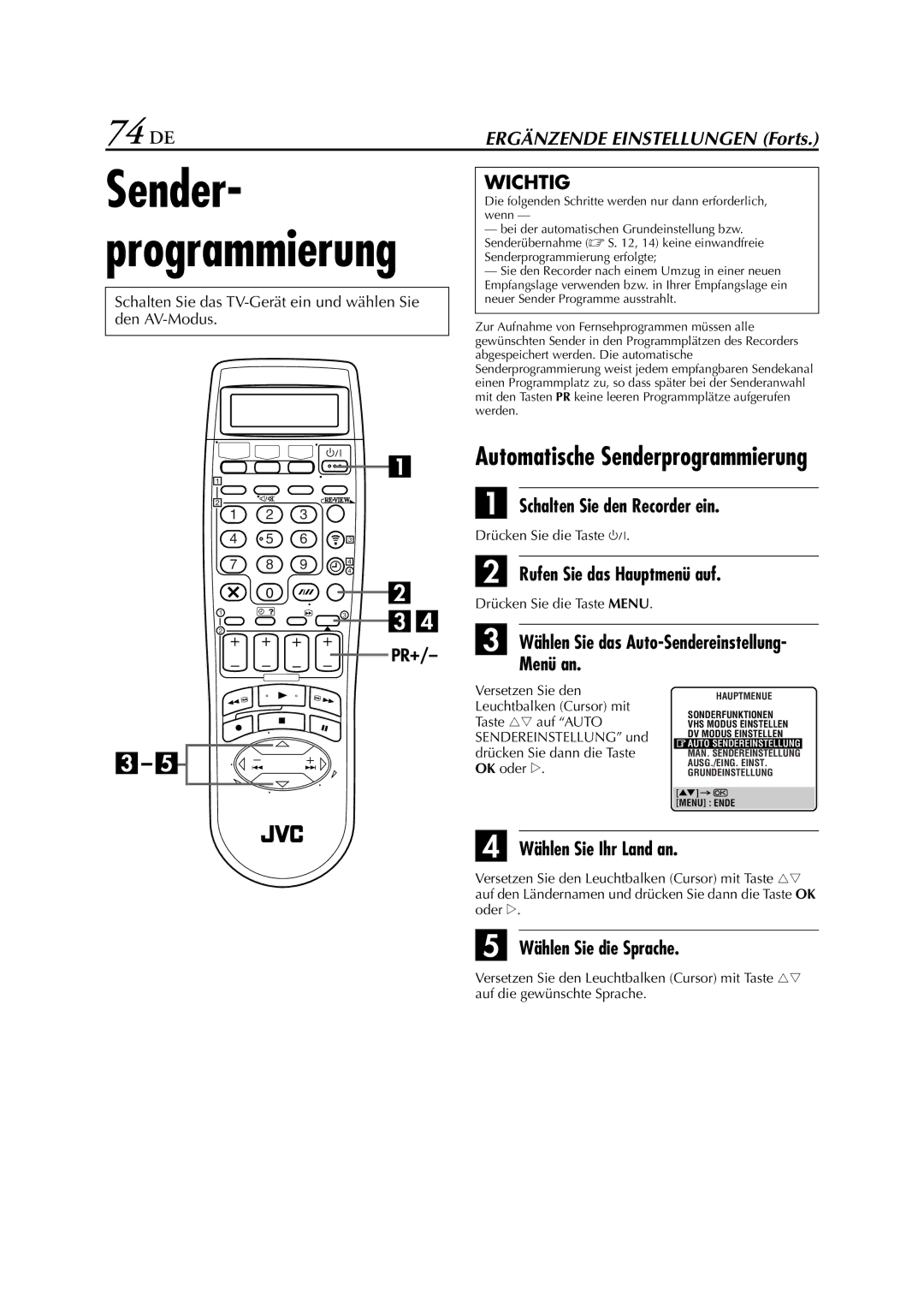 JVC HR-DVS3EU manual 74 DE, Menü an 