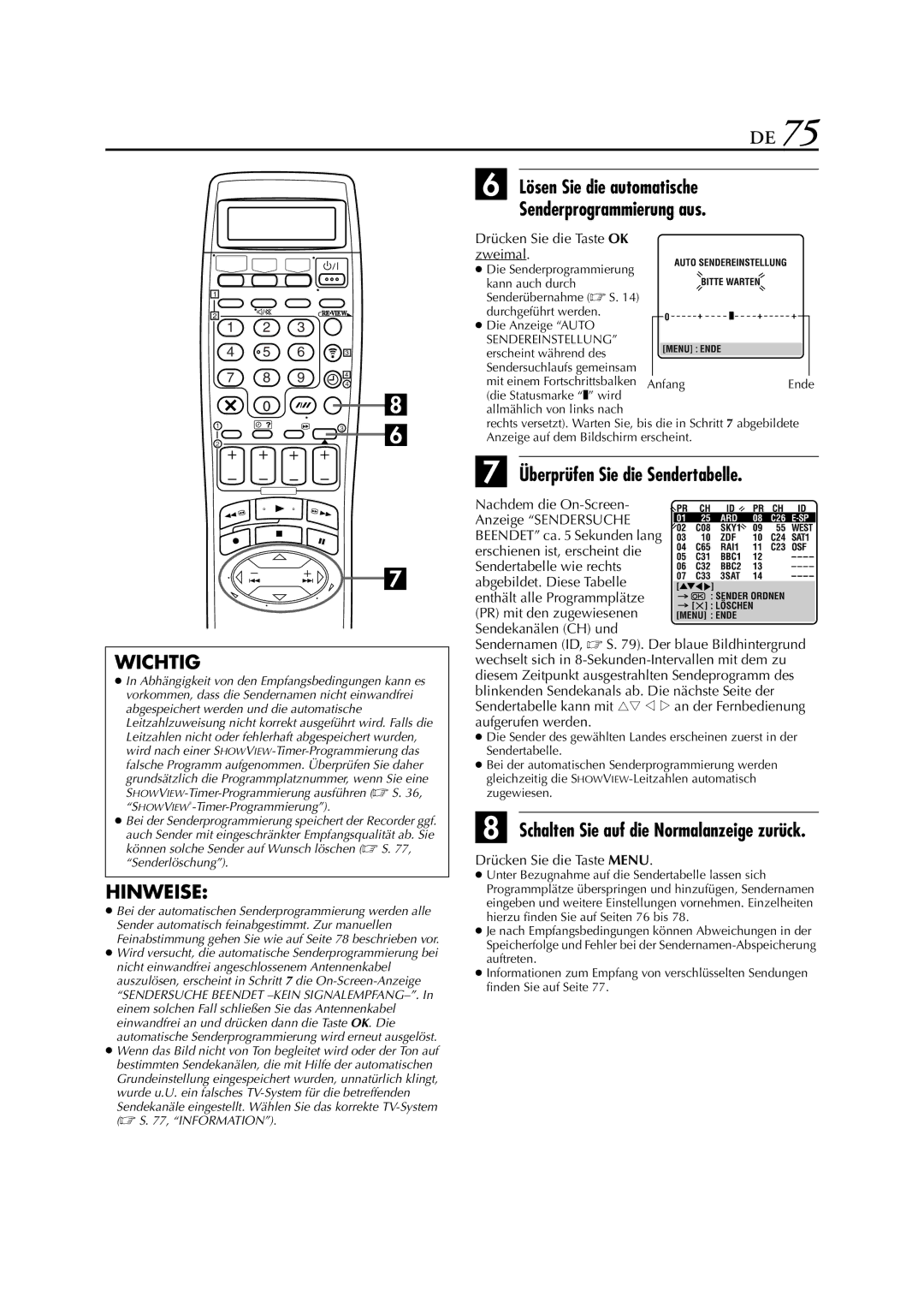 JVC HR-DVS3EU manual Lösen Sie die automatische Senderprogrammierung aus, Überprüfen Sie die Sendertabelle 