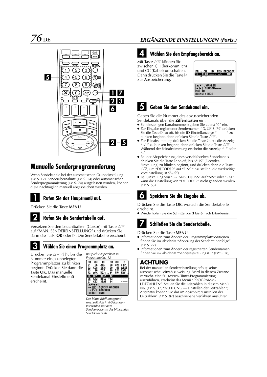 JVC HR-DVS3EU manual 76 DE, Rufen Sie die Sendertabelle auf, Geben Sie den Sendekanal ein, Speichern Sie die Eingabe ab 