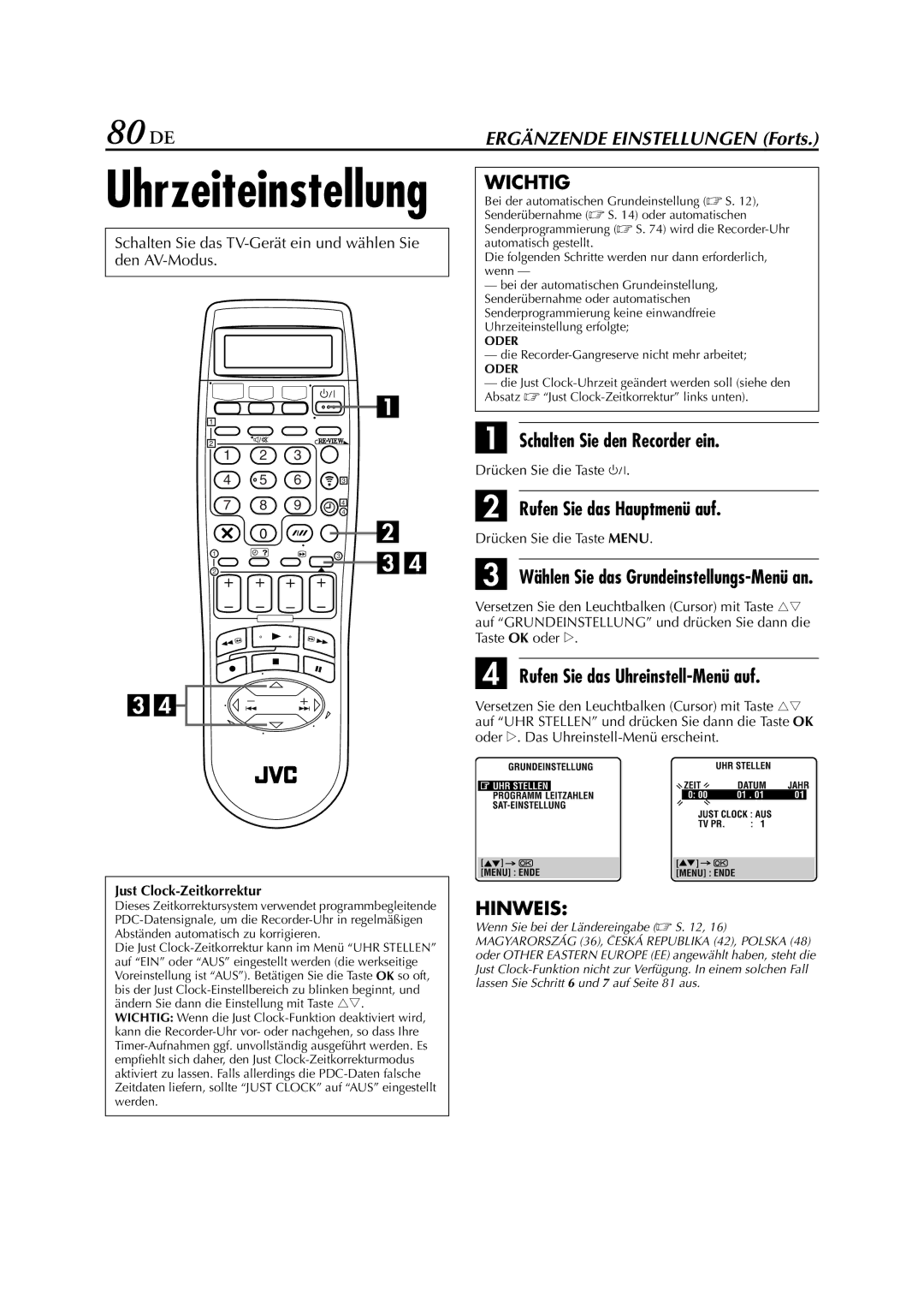 JVC HR-DVS3EU manual 80 DE, Rufen Sie das Uhreinstell-Menü auf, Die Recorder-Gangreserve nicht mehr arbeitet 