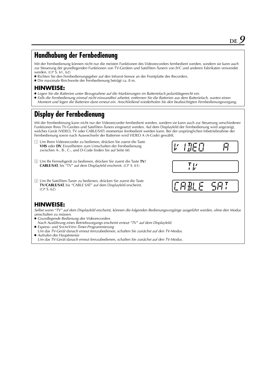 JVC HR-DVS3EU manual Handhabung der Fernbedienung, Display der Fernbedienung 