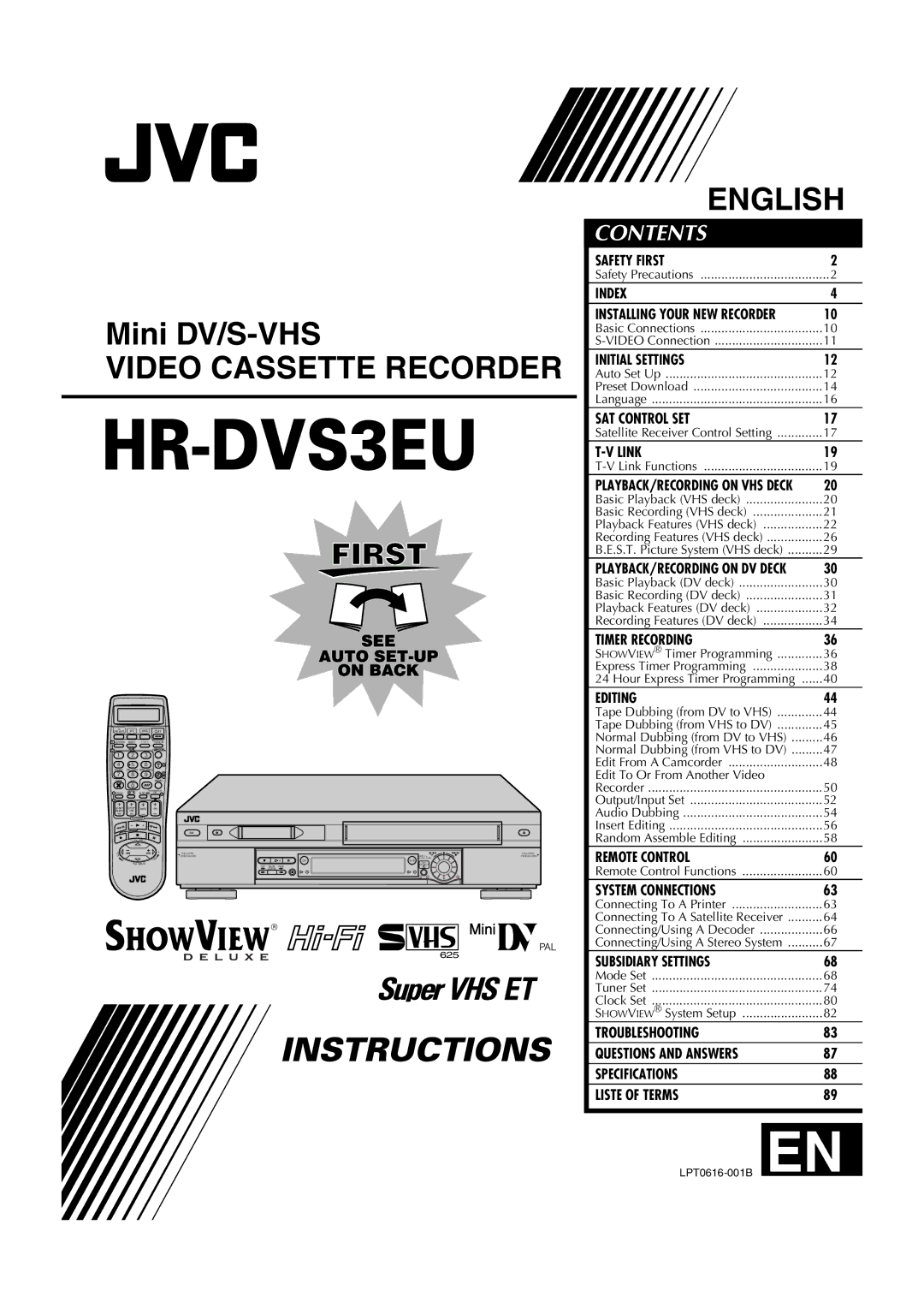 JVC HR-DVS3EU specifications Video Cassette Recorder 