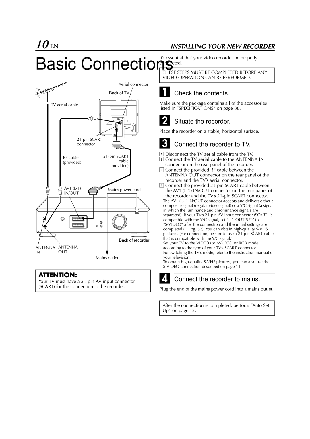 JVC HR-DVS3EU 10 EN, Check the contents, Situate the recorder, Connect the recorder to TV, Connect the recorder to mains 