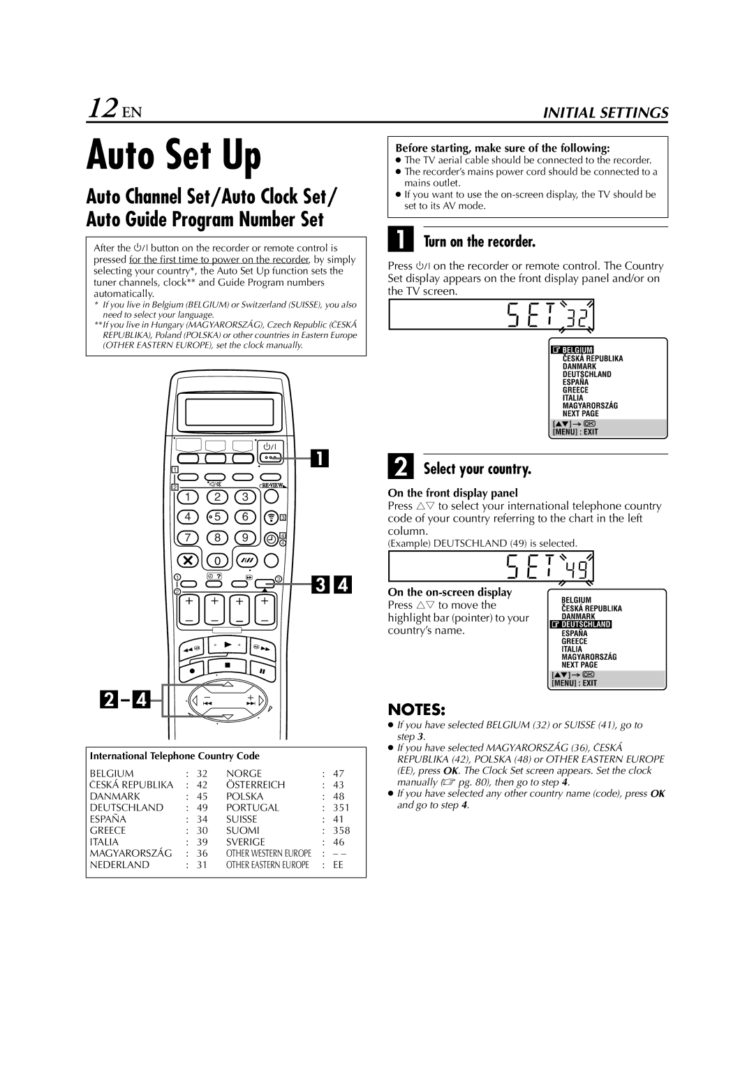 JVC HR-DVS3EU specifications Auto Set Up, 12 EN, Turn on the recorder, Select your country 