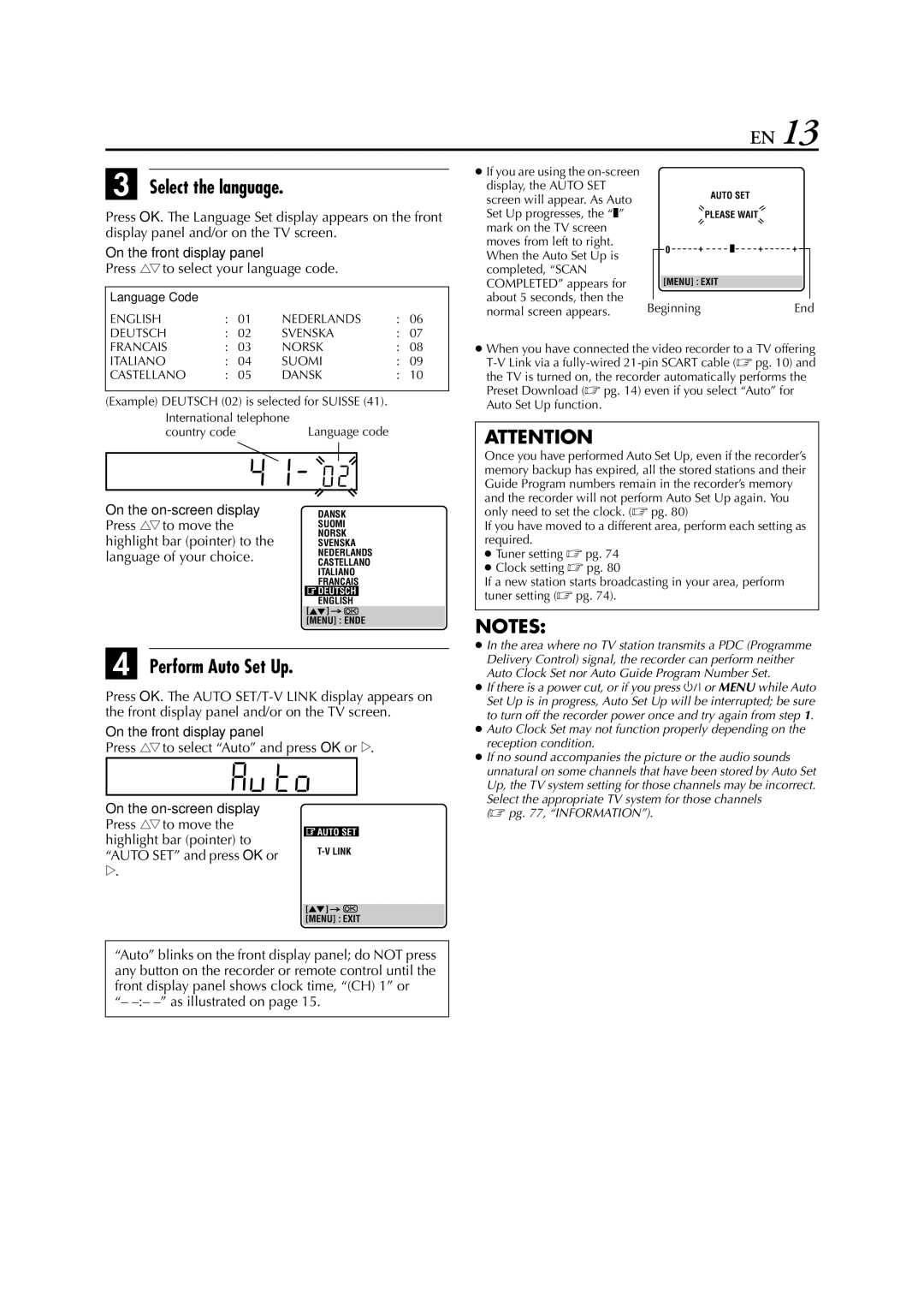 JVC HR-DVS3EU Select the language, Perform Auto Set Up, Press rtto select your language code, As illustrated on 