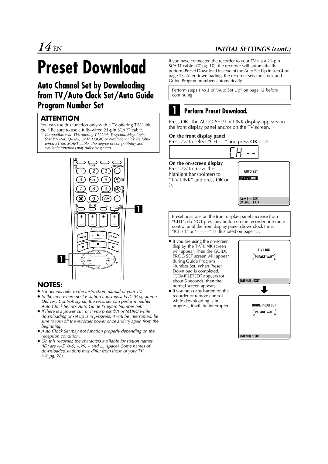 JVC HR-DVS3EU specifications 14 EN, Perform Preset Download, Press rtto select CH - and press OK or e 