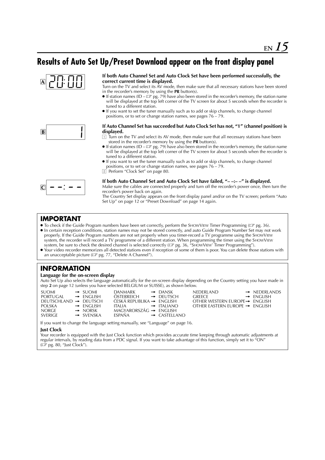 JVC HR-DVS3EU specifications Language for the on-screen display,  pg , Just Clock 