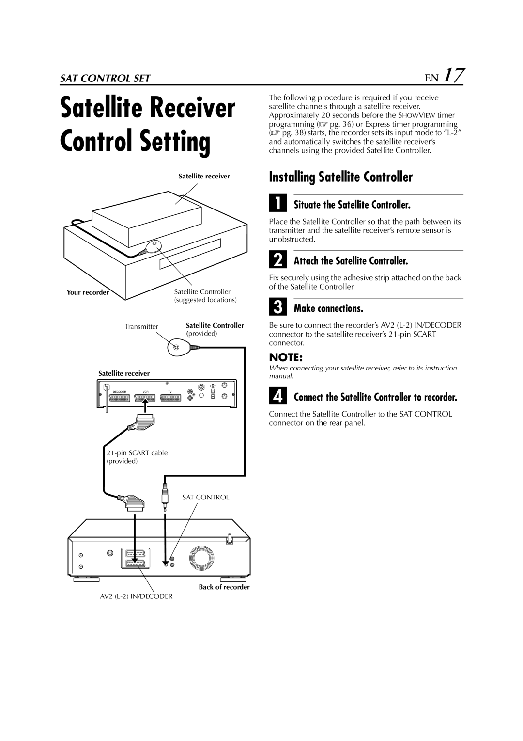 JVC HR-DVS3EU Installing Satellite Controller, Situate the Satellite Controller, Attach the Satellite Controller 