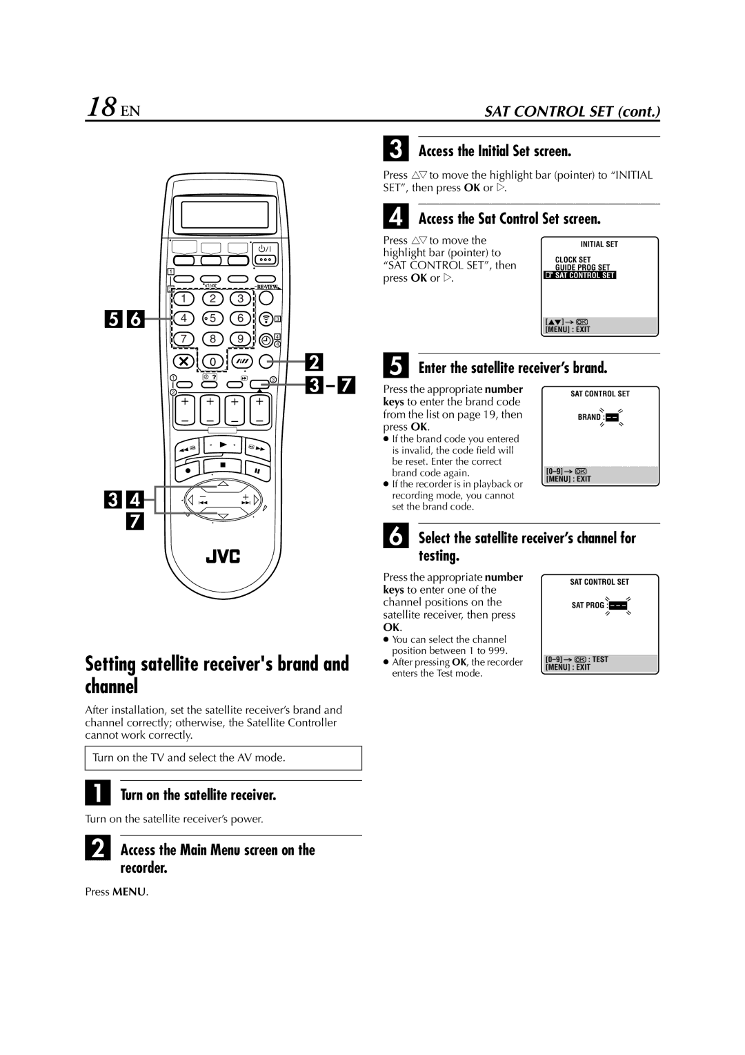 JVC HR-DVS3EU specifications 18 EN, Setting satellite receivers brand and channel 