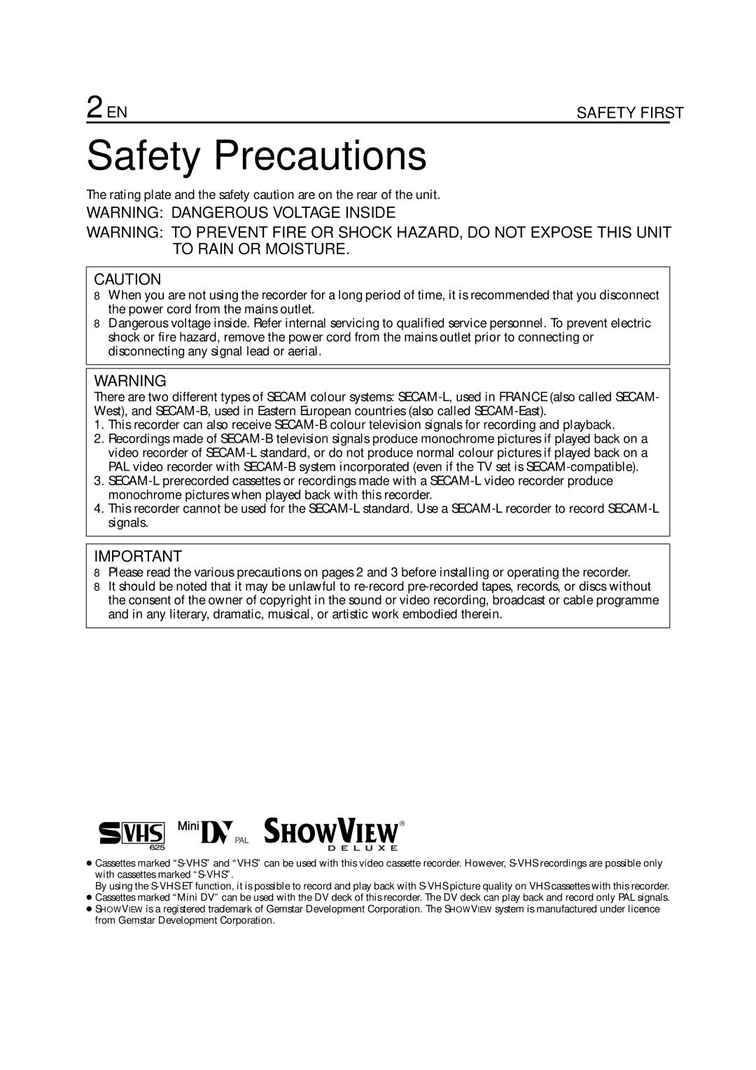 JVC HR-DVS3EU specifications Safety Precautions 