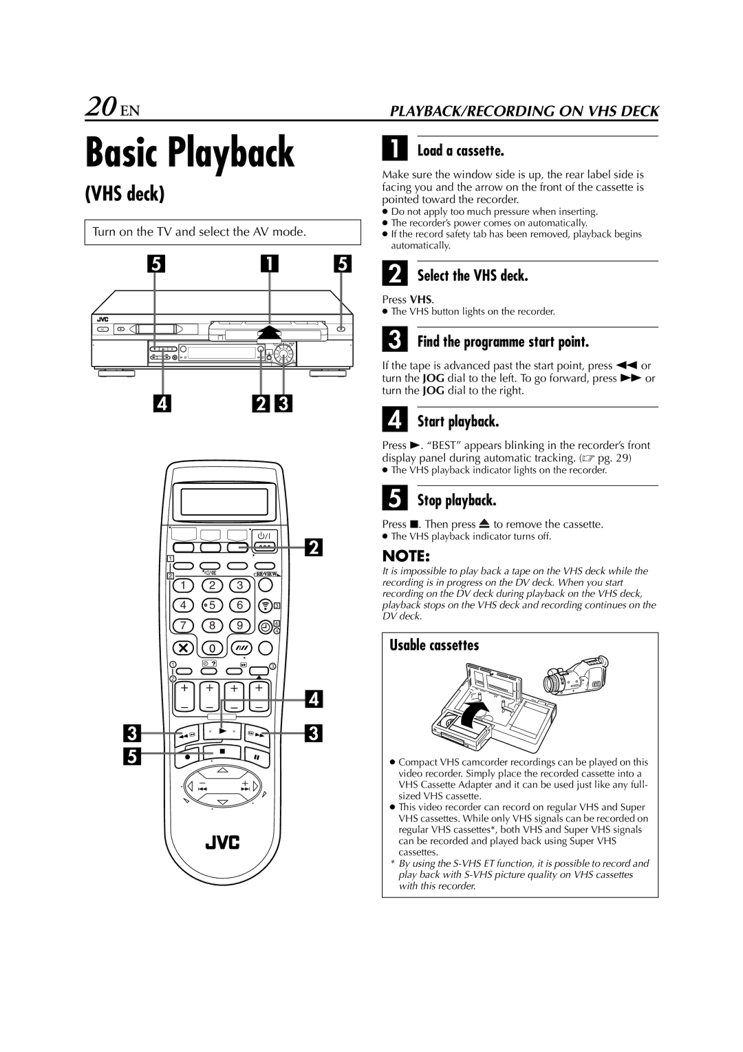 JVC HR-DVS3EU specifications Basic Playback, 20 EN, VHS deck 