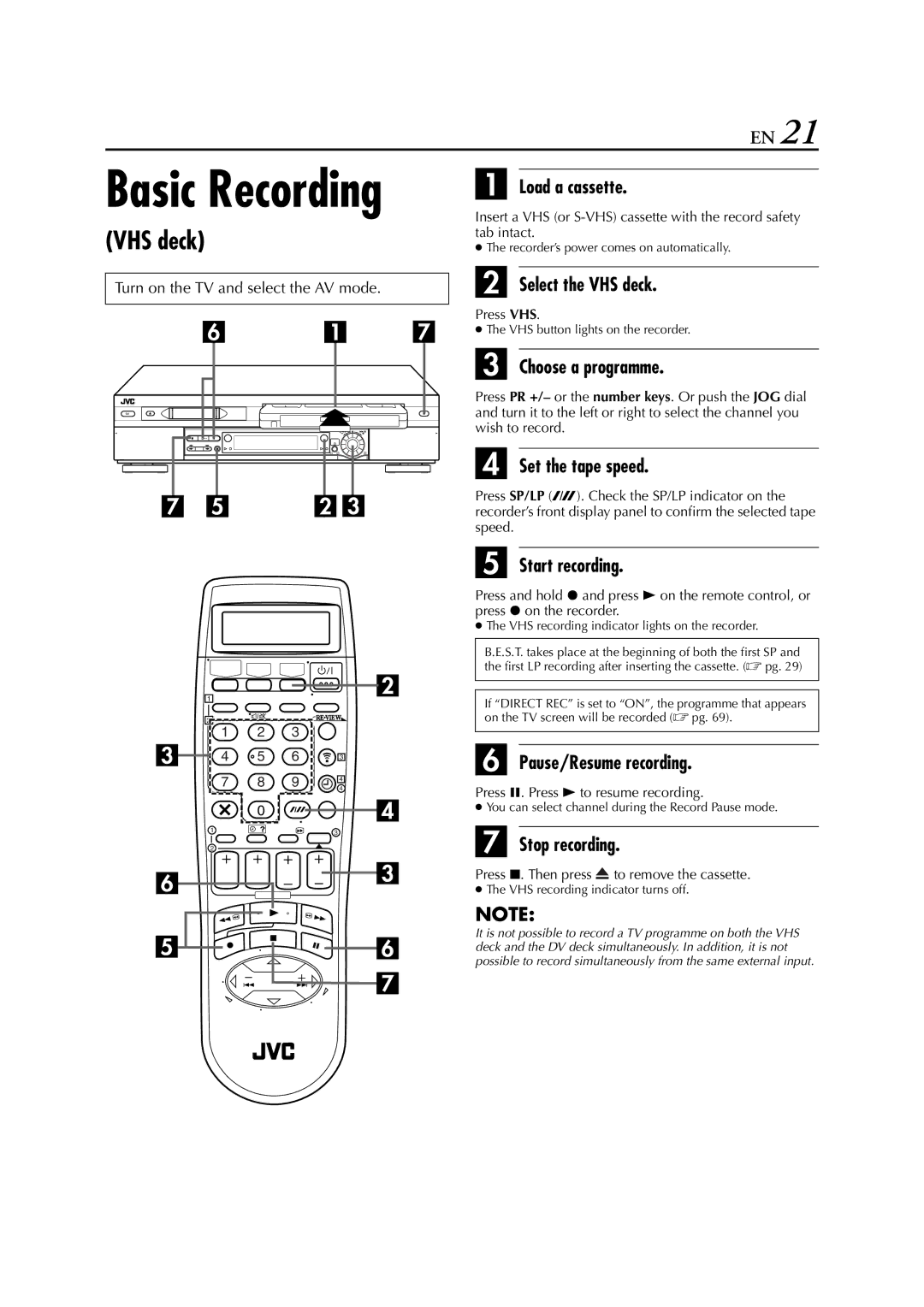 JVC HR-DVS3EU Choose a programme, Set the tape speed, Start recording, Pause/Resume recording, Stop recording 