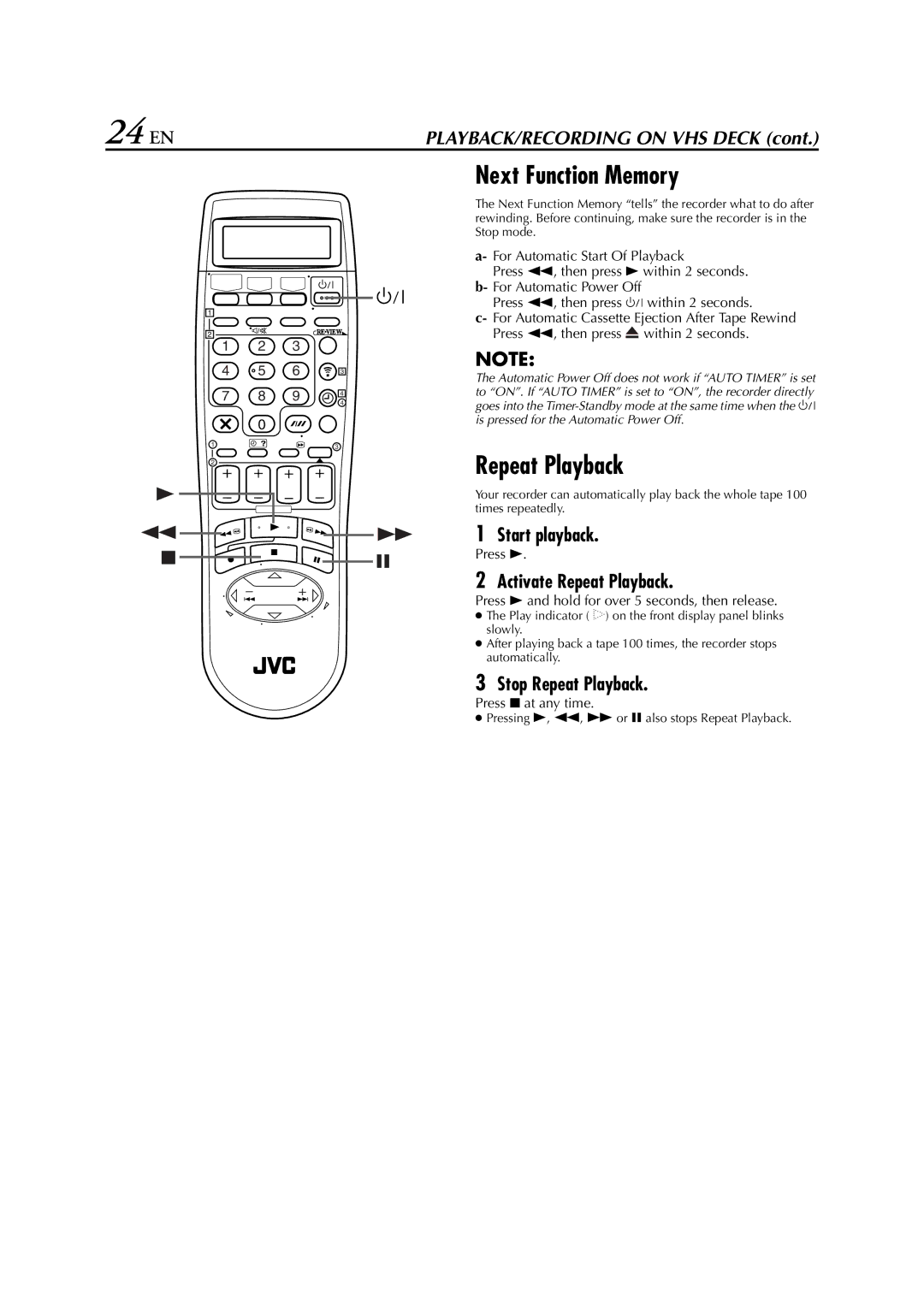 JVC HR-DVS3EU specifications 24 EN, Next Function Memory, Activate Repeat Playback, Stop Repeat Playback 