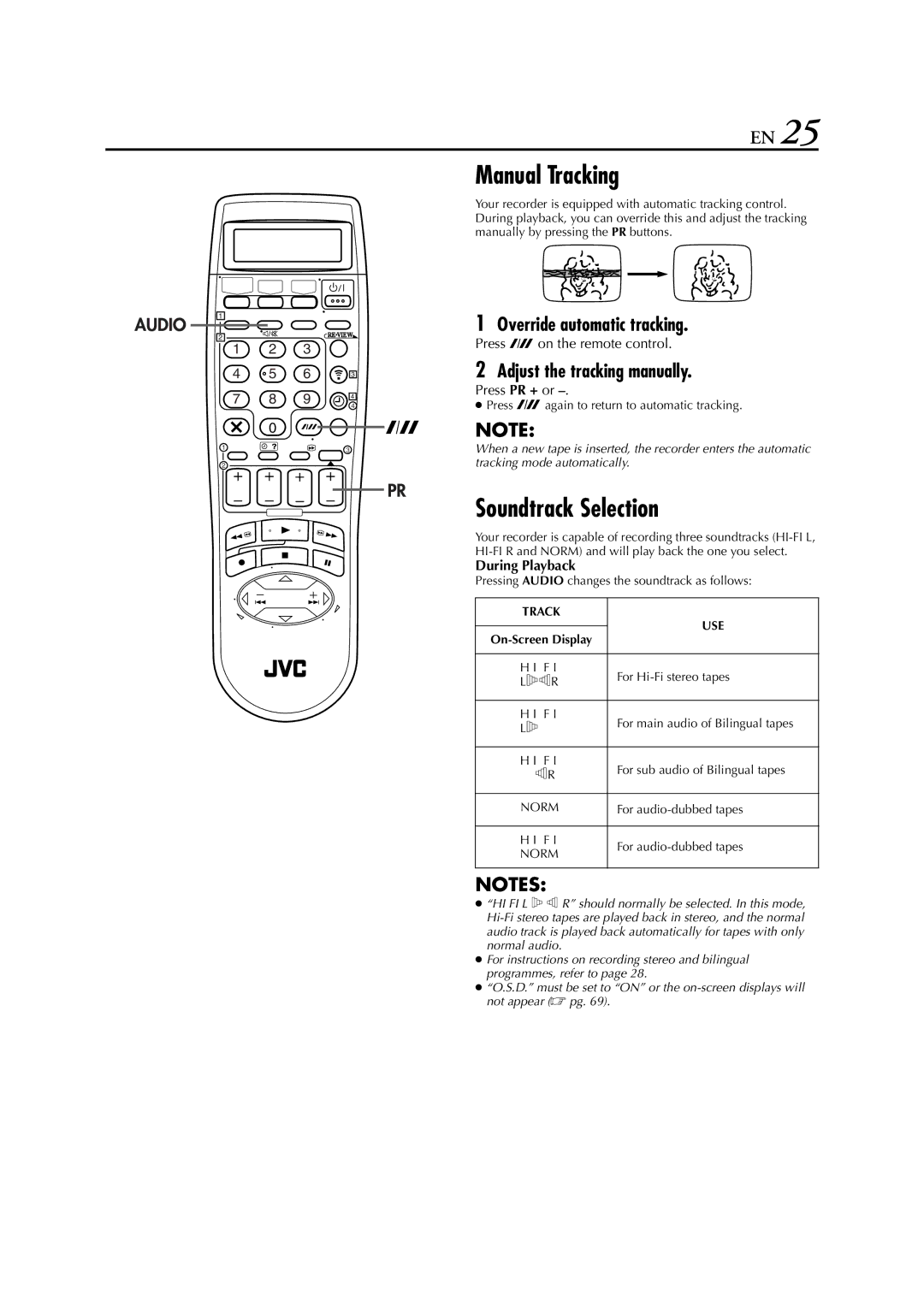 JVC HR-DVS3EU Manual Tracking, Soundtrack Selection, Override automatic tracking, Adjust the tracking manually 