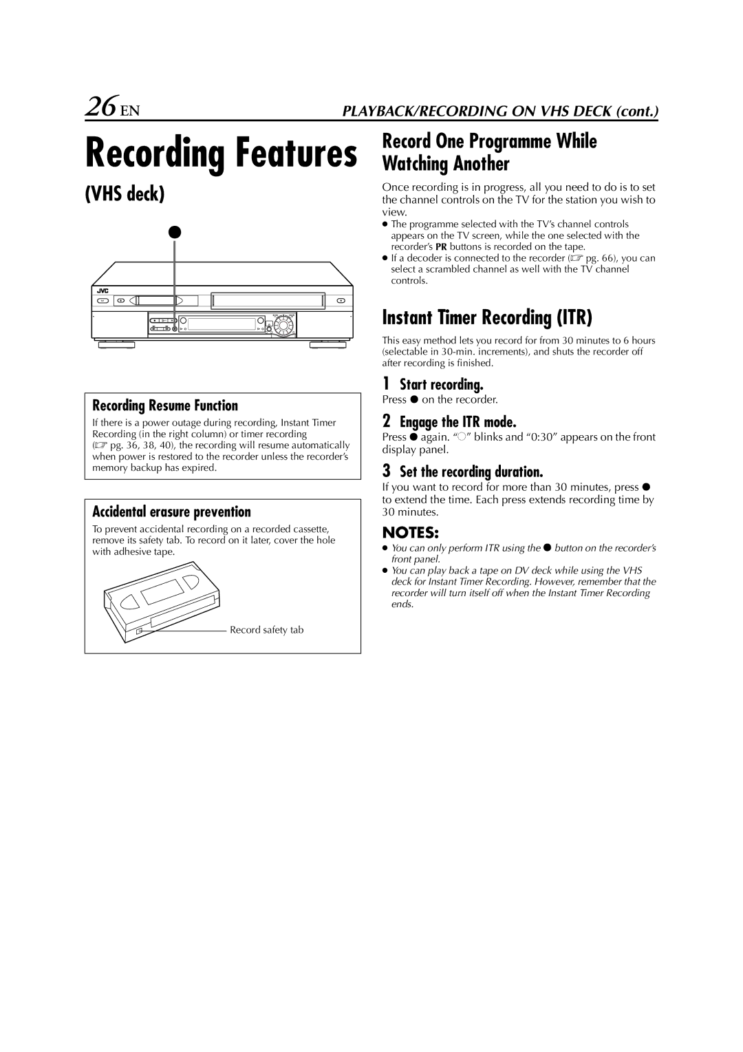 JVC HR-DVS3EU specifications 26 EN, Instant Timer Recording ITR 