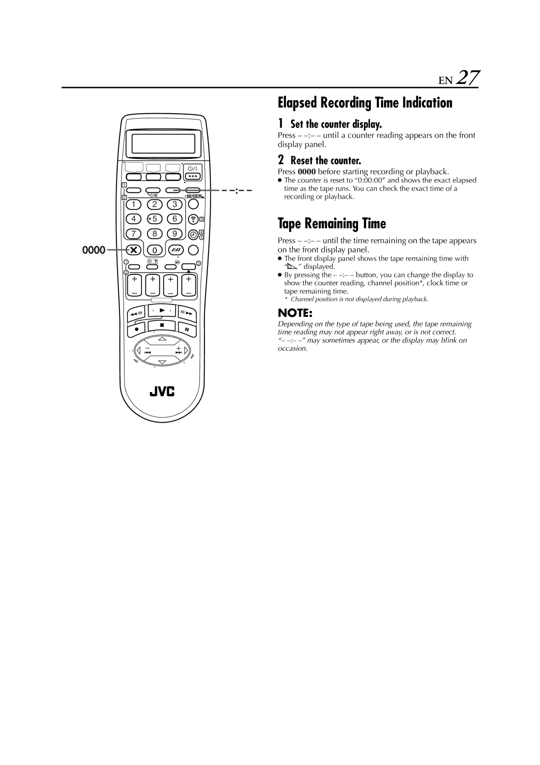 JVC HR-DVS3EU specifications Tape Remaining Time, Set the counter display, Reset the counter 