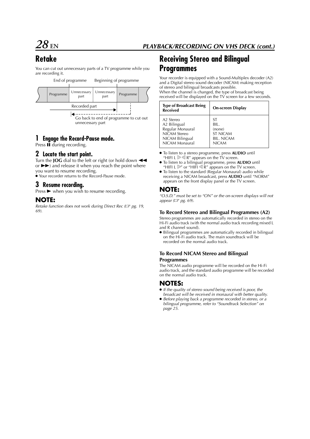 JVC HR-DVS3EU specifications 28 EN, Retake, Receiving Stereo and Bilingual Programmes 