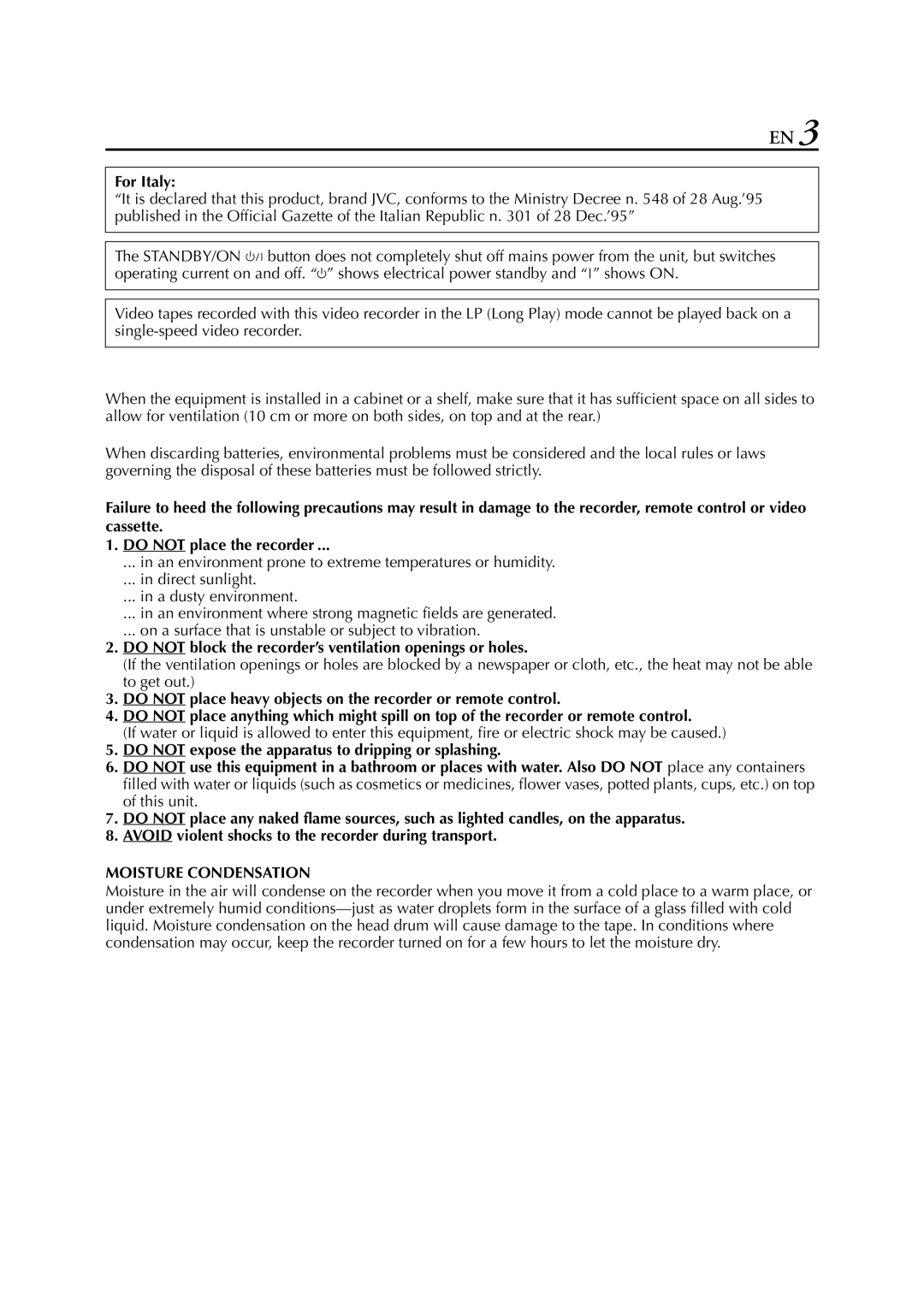 JVC HR-DVS3EU specifications Moisture Condensation 